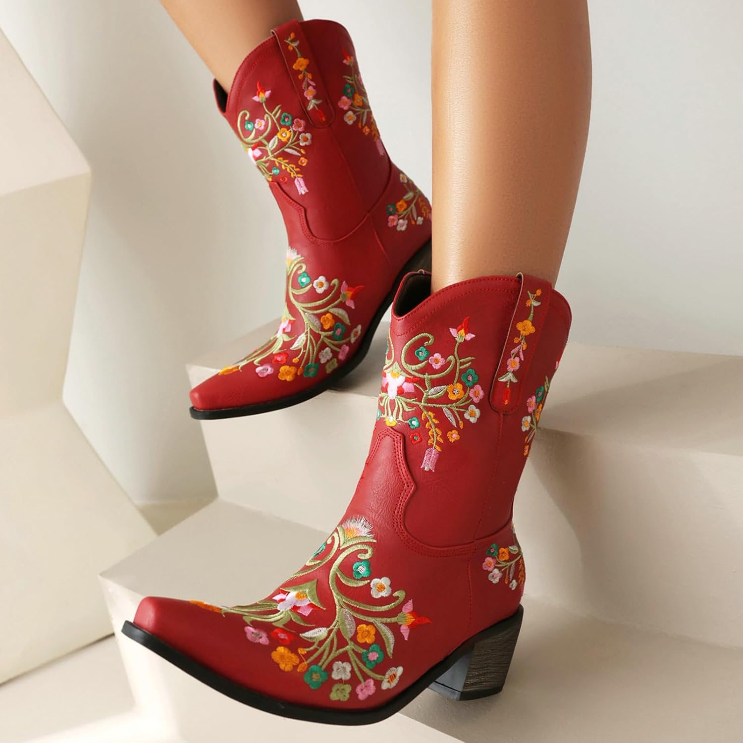 KiutSymo Cowboy Boots for Women Booties Ankle Cowgirl Boots Short Boots Square Toe Western Boots Flower Embroidered Chunky Heel Pull On Mid Calf Boots