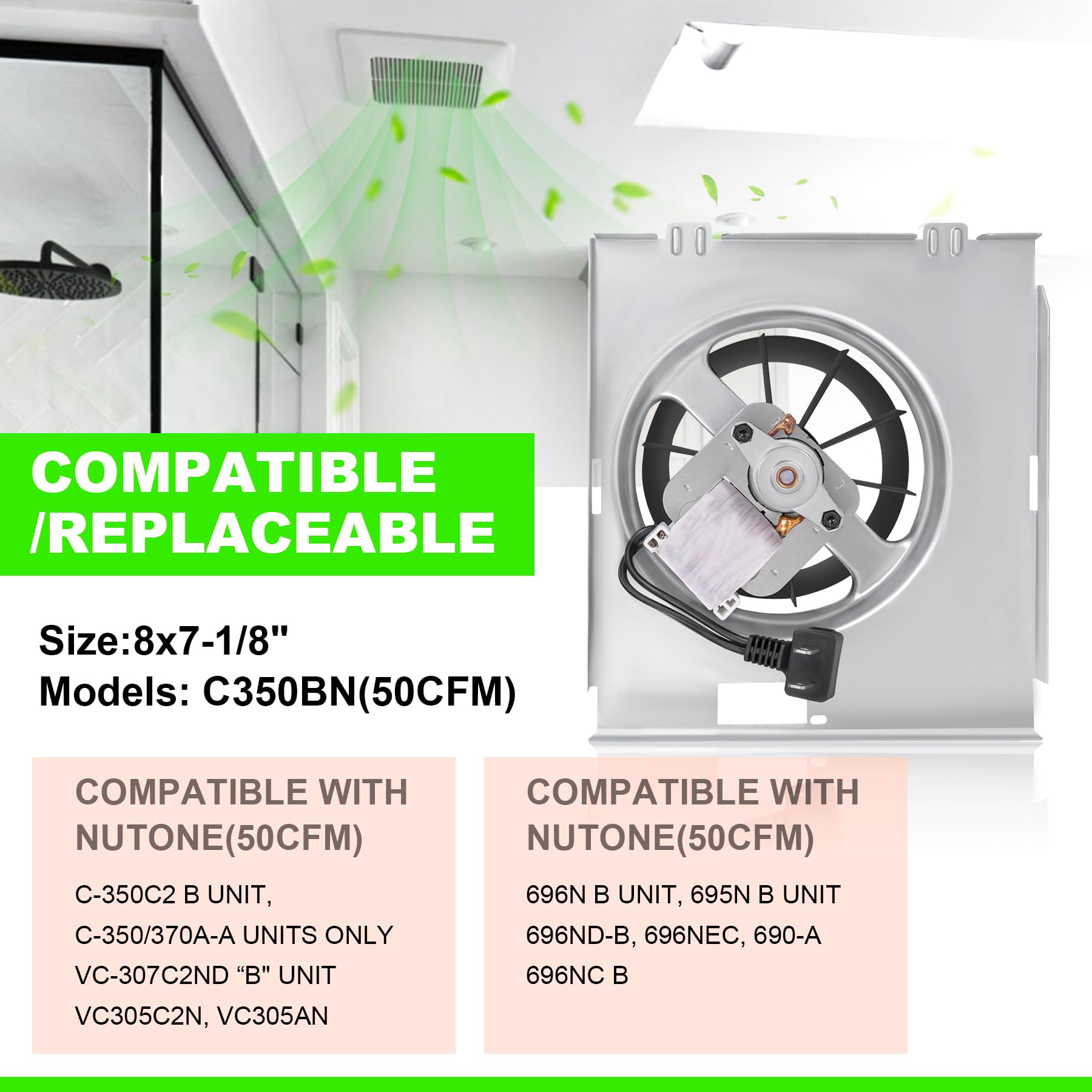 Upgraded Pure Copper Motor Bathroom Exhaust Fan – 50CFM, 2.0 Sones, 110V/120V – Compatible With Nutone 696N, C350BN, VC305AN, C-350/370A-A Units – Easy 8-Minute Replacement Kit With Gloves & Cloths
