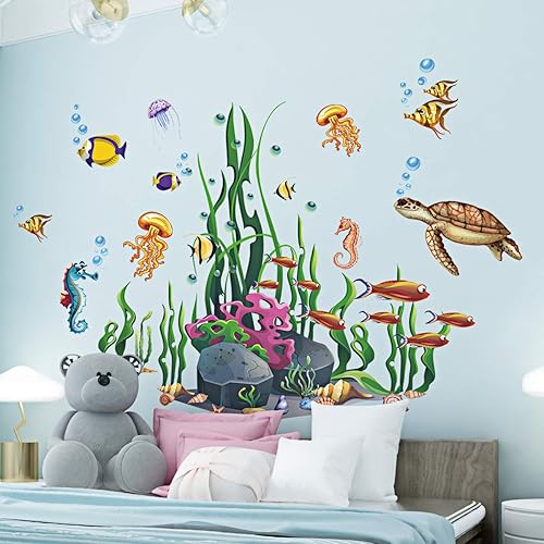 Miniatura 5 de Amaonm Calcomanías de pared creativas de dibujos animados extraíbles 3D bajo el mar, paisaje de la naturaleza, hierba del océano, colorido zócalo de