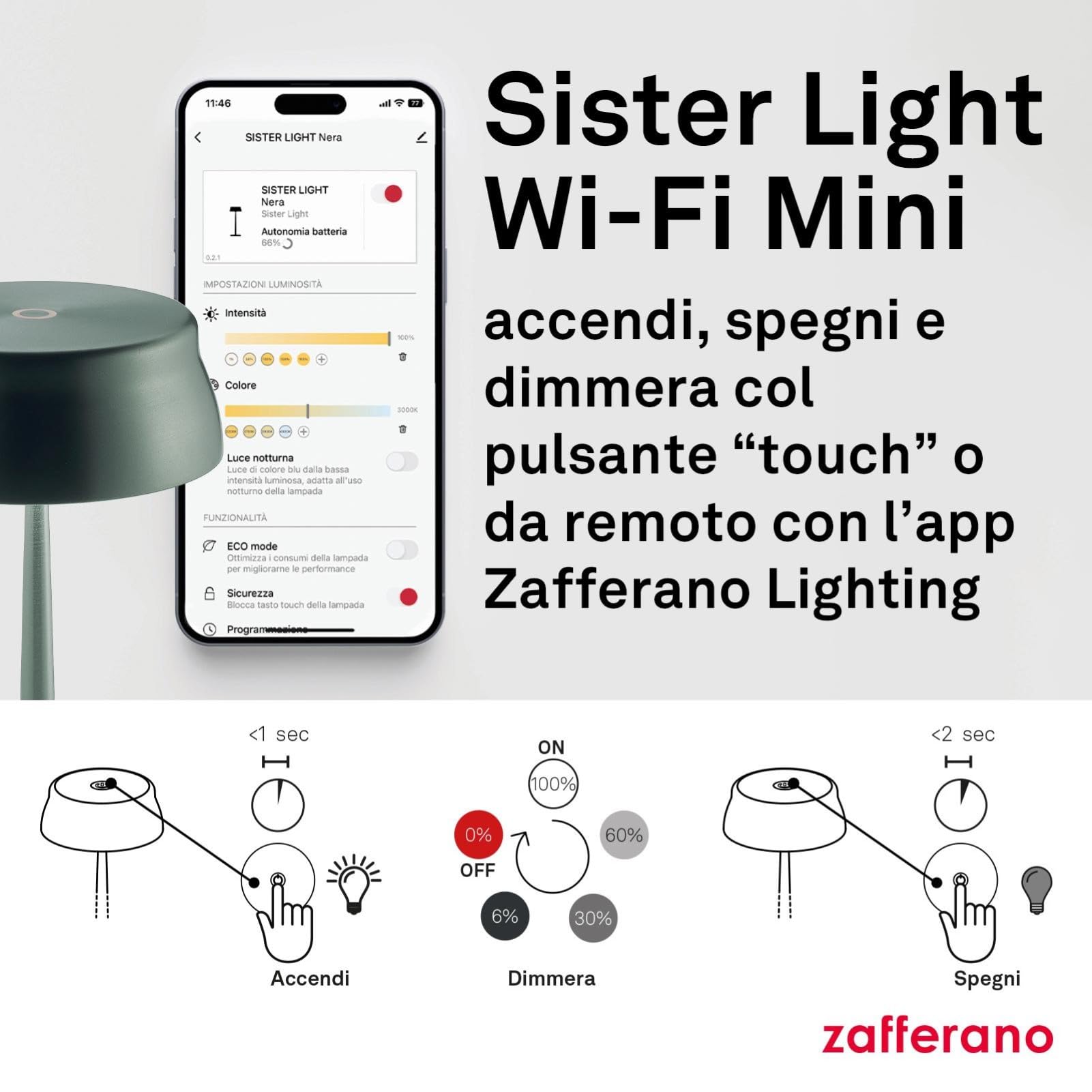 Zafferano, Lampada Sister Light Wi-Fi Mini, Lampada da Tavolo Ricaricabile e Senza Fili con Controllo da Remoto, per Salotto ed Esterni, Dimmer a Step, 2200-4000 K, Altezza 17 cm, Colore Verde
