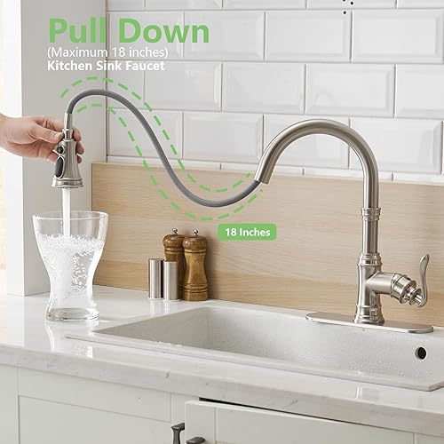 Miniatura 3 de BATHLAVISH Grifo de fregadero de cocina con rociador extraíble, grifo de cocina de níquel cepillado, grifo de cocina comercial, cepillo de 3 modos