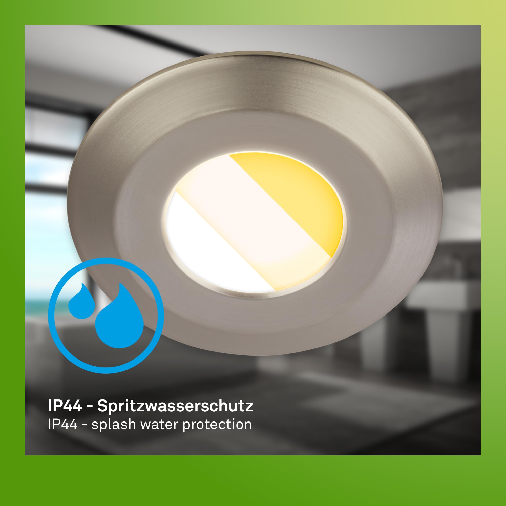 BRILONER - 6er Set LED Bad Einbaustrahler 230V Gehäuse 50% recycelt, Farbtemperaturwechsel, Dimmbar, IP44, Ra90, LED Spot, flach, Decke, Einbauleuchten, Badezimmer, 68mm, 90x30mm (DxH), Matt-Nickel