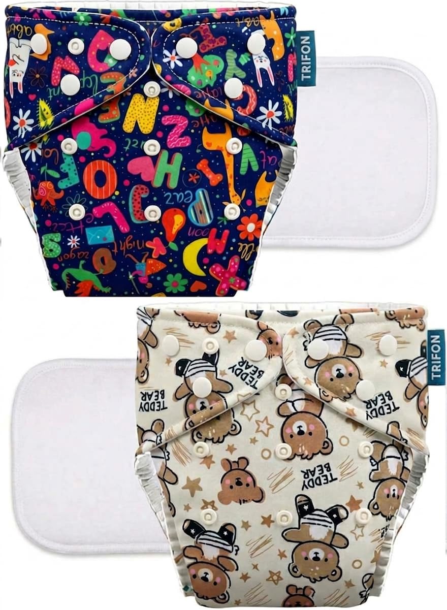 TRIFON Basic Leakage-proof advanced cloth diapers for babies| High Absorbent 100% cotton 2 reusable diaper with 2 Insert Pads| Combo Pack washable cloth diaper 3M -3Years Adjustable, Reduces Rash-image-49