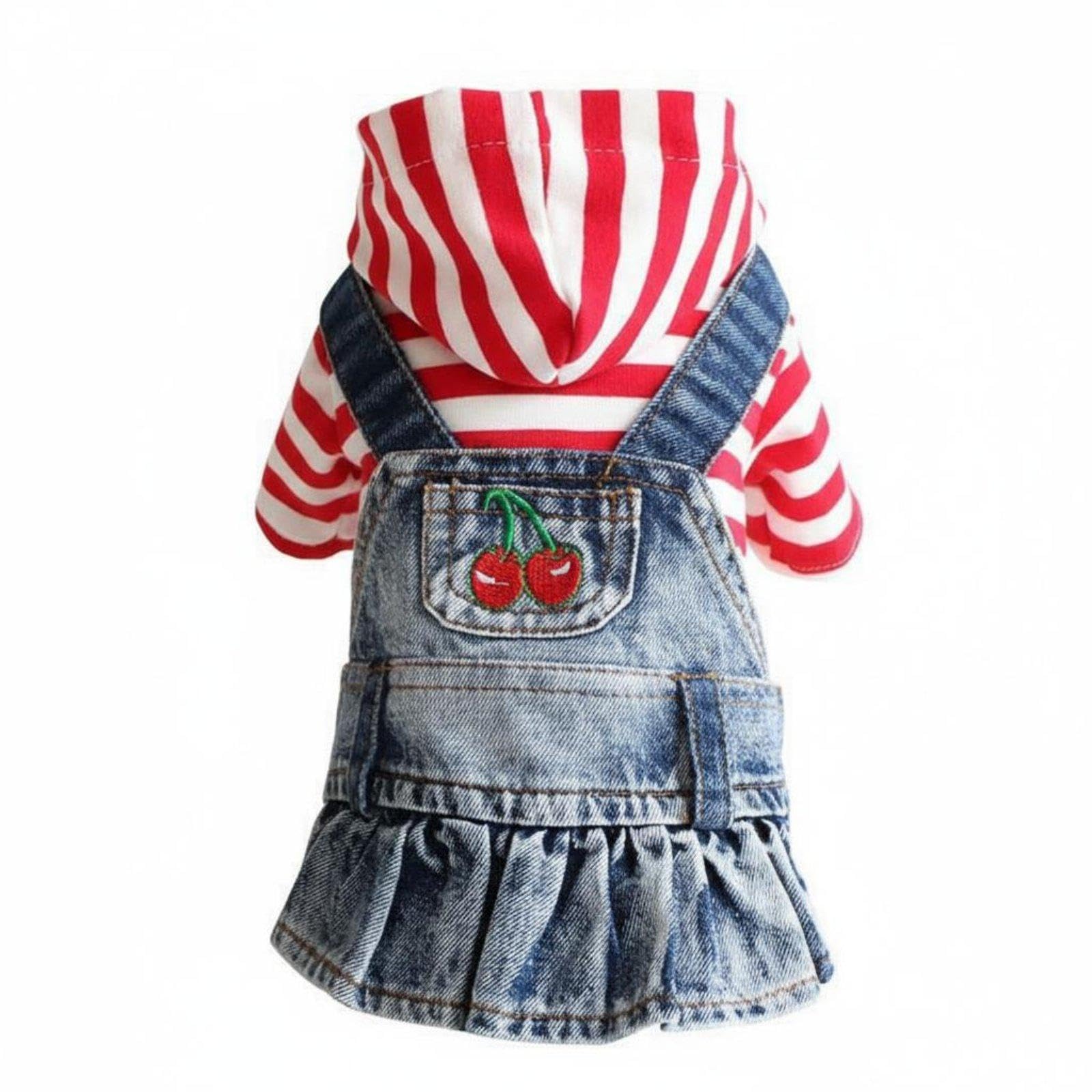 STYLEHEAVEN Denim Dog Dress Ruffled Hem Puppy Cherry Embroidered Skirt Comfortable Suitable Pet Denim Overall Dress for Dogs, Special Occasions L|Pet Supplies| Dog Supplies| Clothing & Sh-image-10