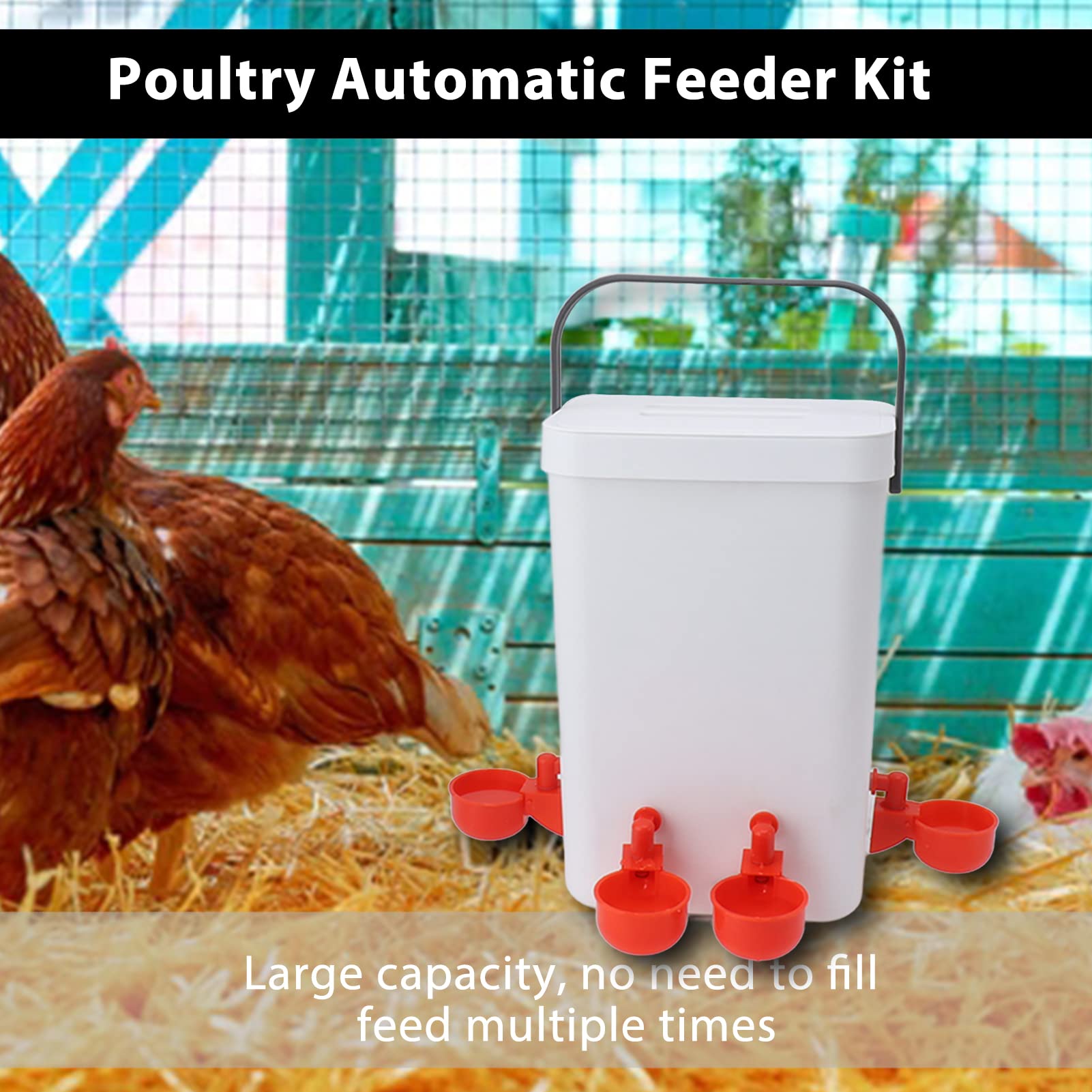 Fockety Juego de Comedero y Bebedero Automático para Pollos, Cubo de Alimentación para Pollos con 4 Puertos de Comedero, Vasos de Agua para Bebederos para Aves de Corral, Comedero de