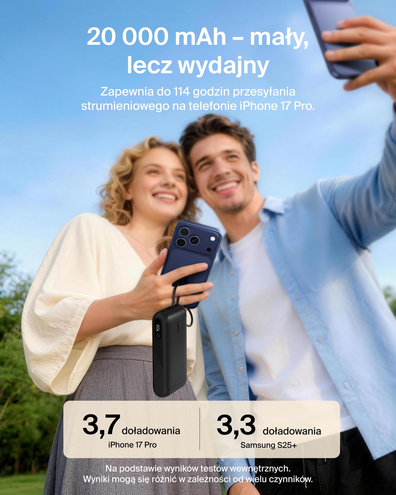 Belkin UltraCharge Powerbank 20 000 mAh, Kabel USB-C, Wyświetlacz – Czarny | Powerbank 20 000 mAh, Ładowanie 3 Urządzeń (1 Port USB-C, 1 Port USB-A, Kabel USB-C), 45 W, Wstępnie Naładowany, Wyświetlacz