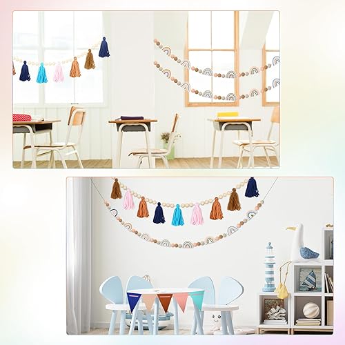Miniatura 5 de Sumind 5 guirnaldas de borlas de arco iris, guirnalda bohemia con pompones, guirnalda de bola de fieltro de arco iris, guirnalda colorida para aula,