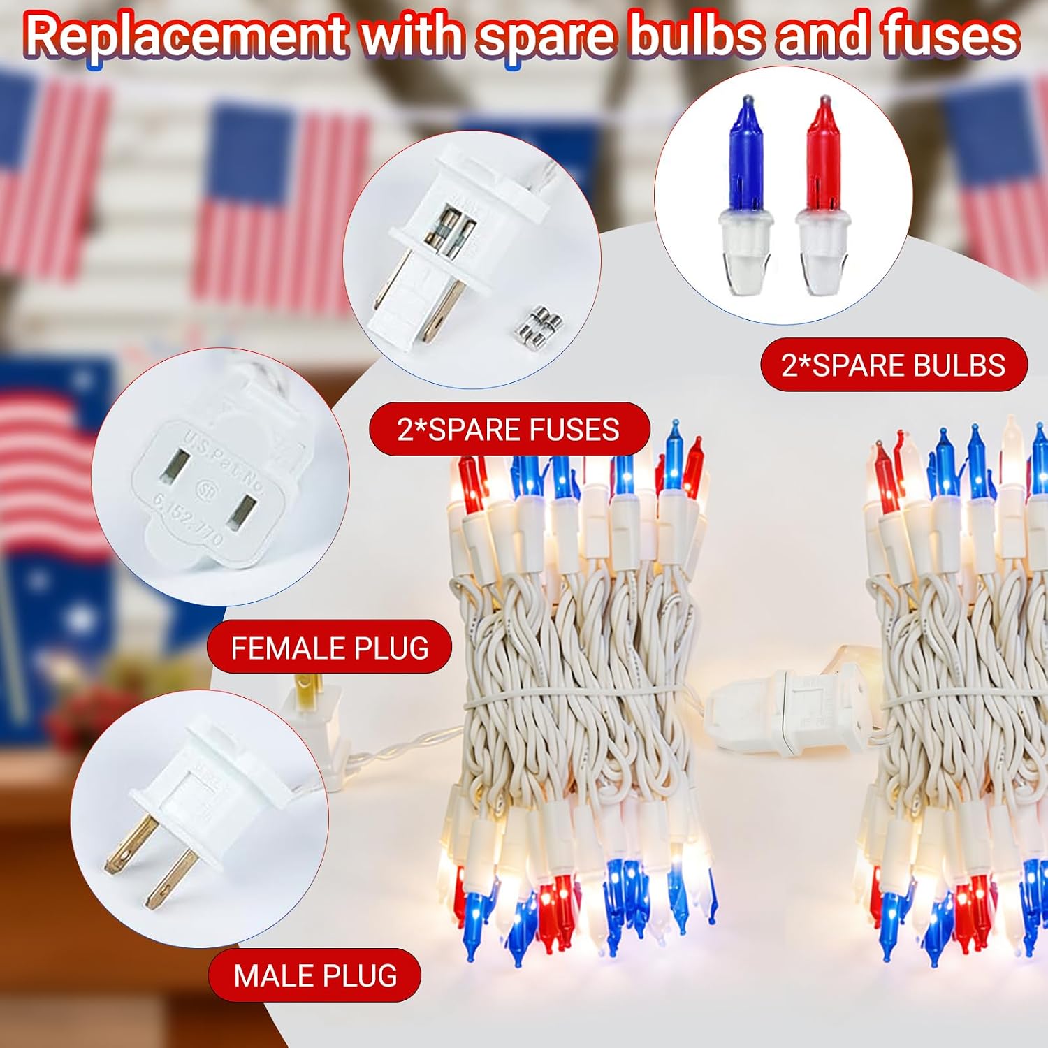 100 Incandescent Patriotic String Lights, White Wire Plug-in Waterproof Classic Bulb Lights with Multi-Modes for 4th of July, Memorial Day, Vintage Decor