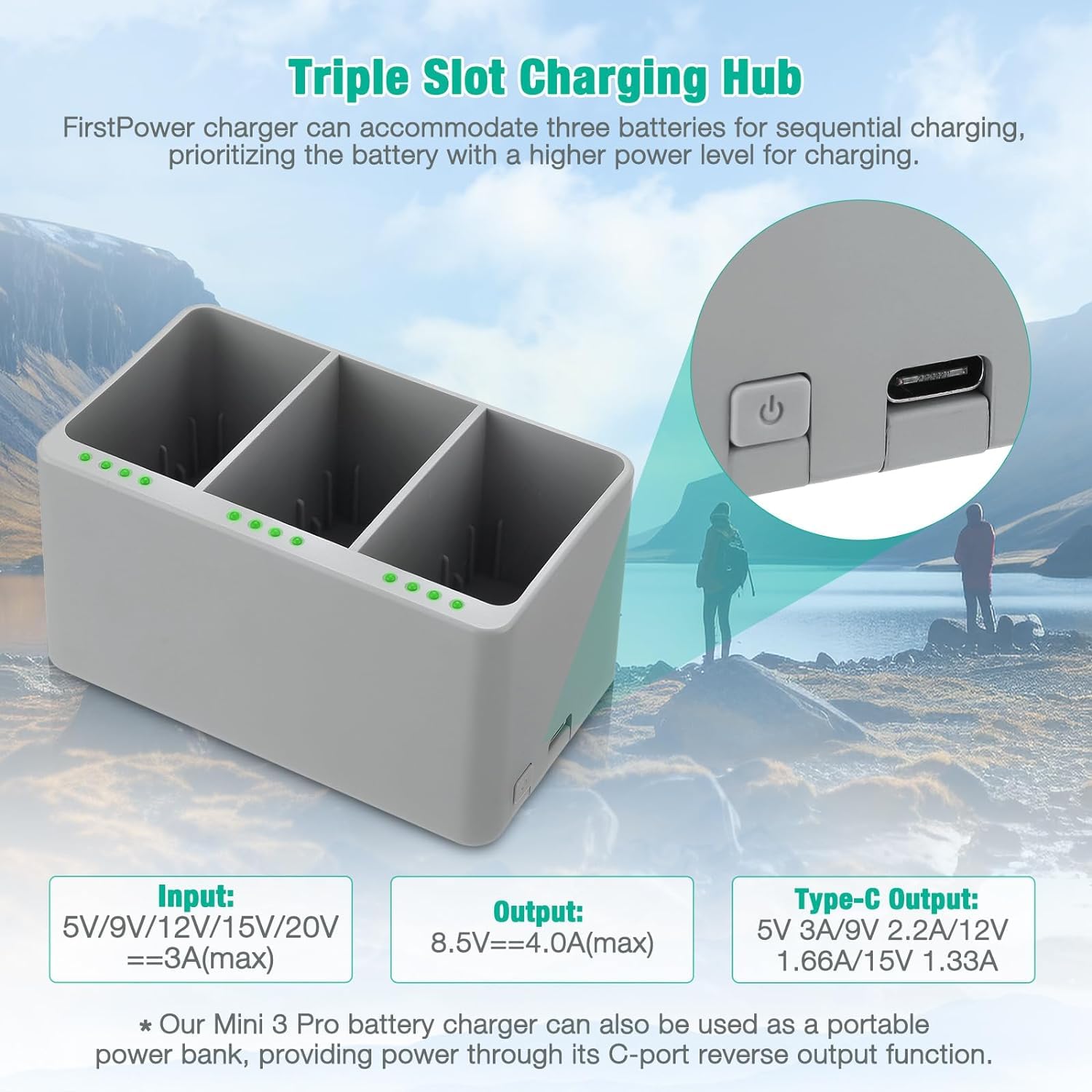 XITAIAN Centre de charge bidirectionnel pour DJI Mini 4 Pro, Mini 3/3 Pro Drone, Chargeur Hub 3 Batteries
