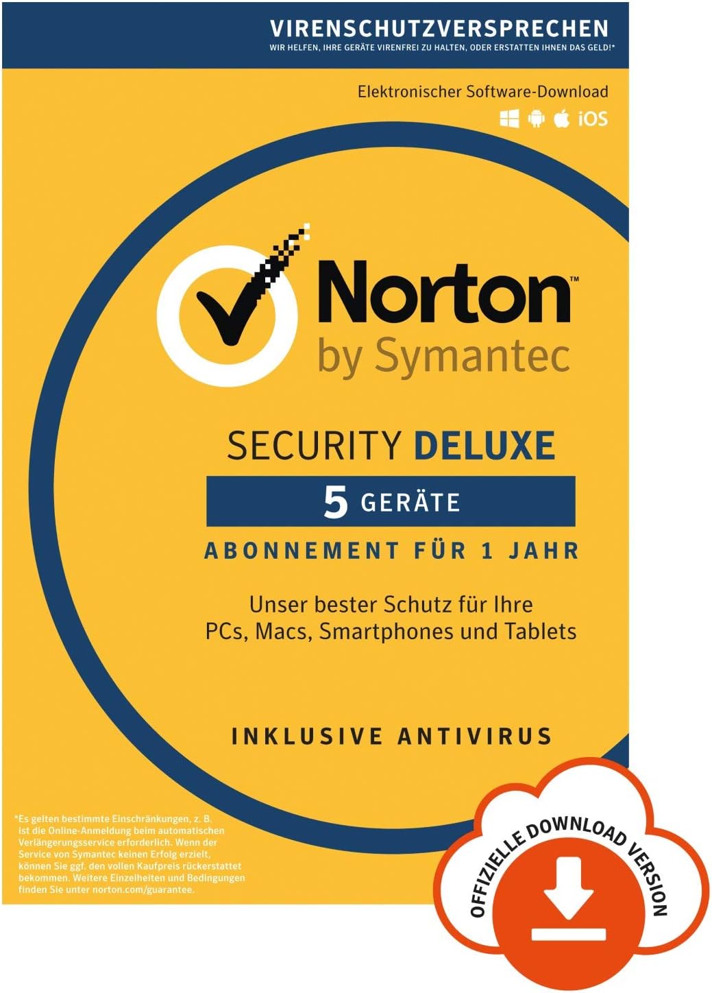 Norton Security Deluxe Antivirus Software 2018/Zuverlässiger Virenschutz (Jahres-Abonnement) für bis zu 5 Geräte/Download für Windows (u.a. Vista, 8 & 10), Mac, Android & iOS [Online Code]