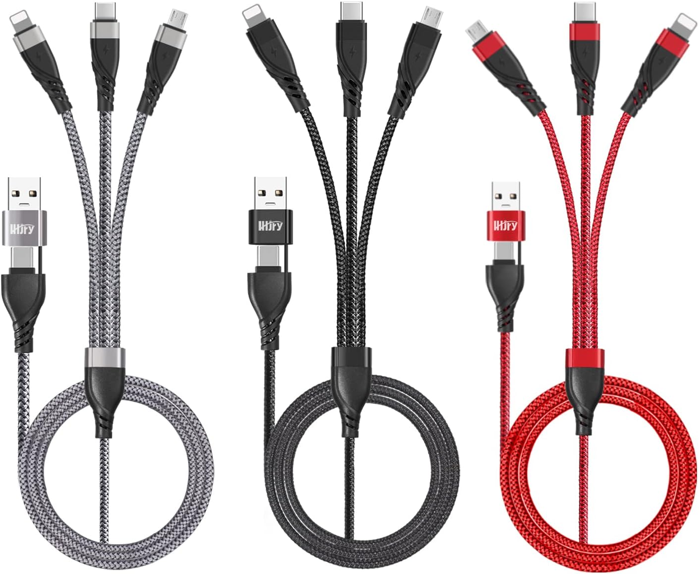 USB A/C to Multi Charging Cable, 4ft 3Pack Universal 6-in-1 USB Cellphone Cables, Multiple Charger Cord with Phone/Type C/Micro USB Connectors for Laptop/Tablet/Phone(Gray,Black,Red)
