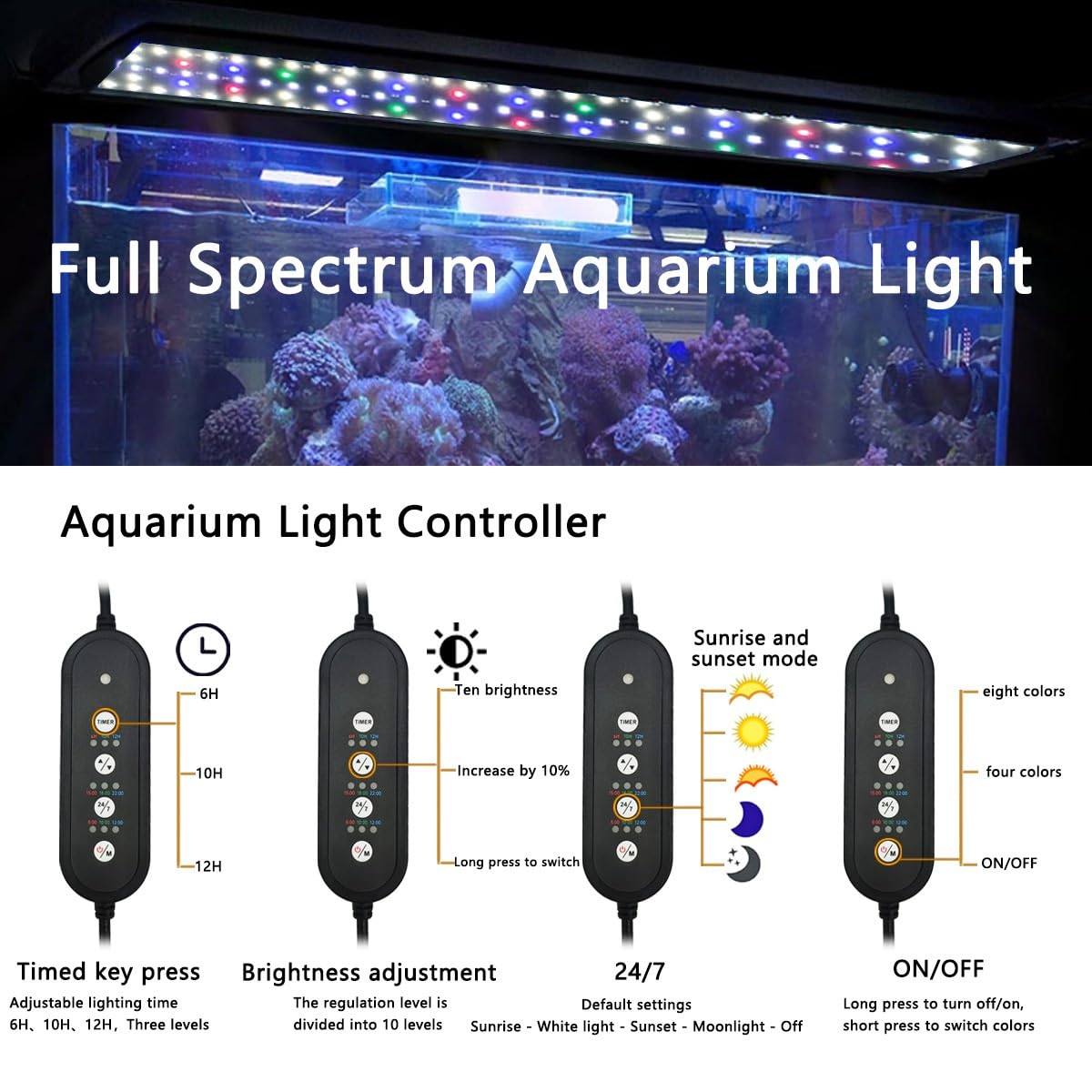 Oświetlenie LED do akwarium o pełnym spektrum, podwyższenie oświetlenia do akwarium, uchwyt do oświetlenia akwariowego, cykl 24/7, tryb DIY, regulowany timer, funkcja pamięci jasności(120cm)