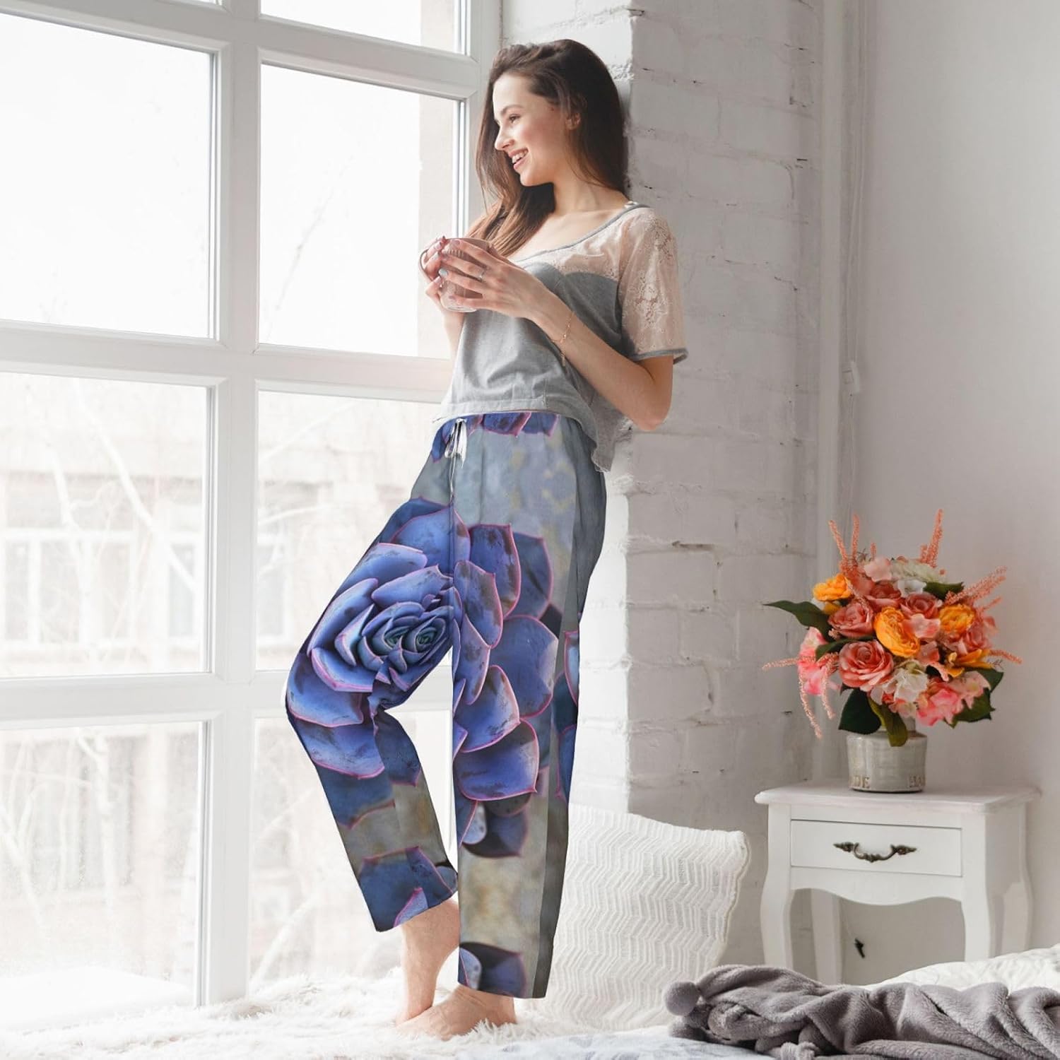 Lovely Succulent Print Cozy Christmas Pajama Pants,Flannel Pajama Bottoms,Cater To Various Body Types