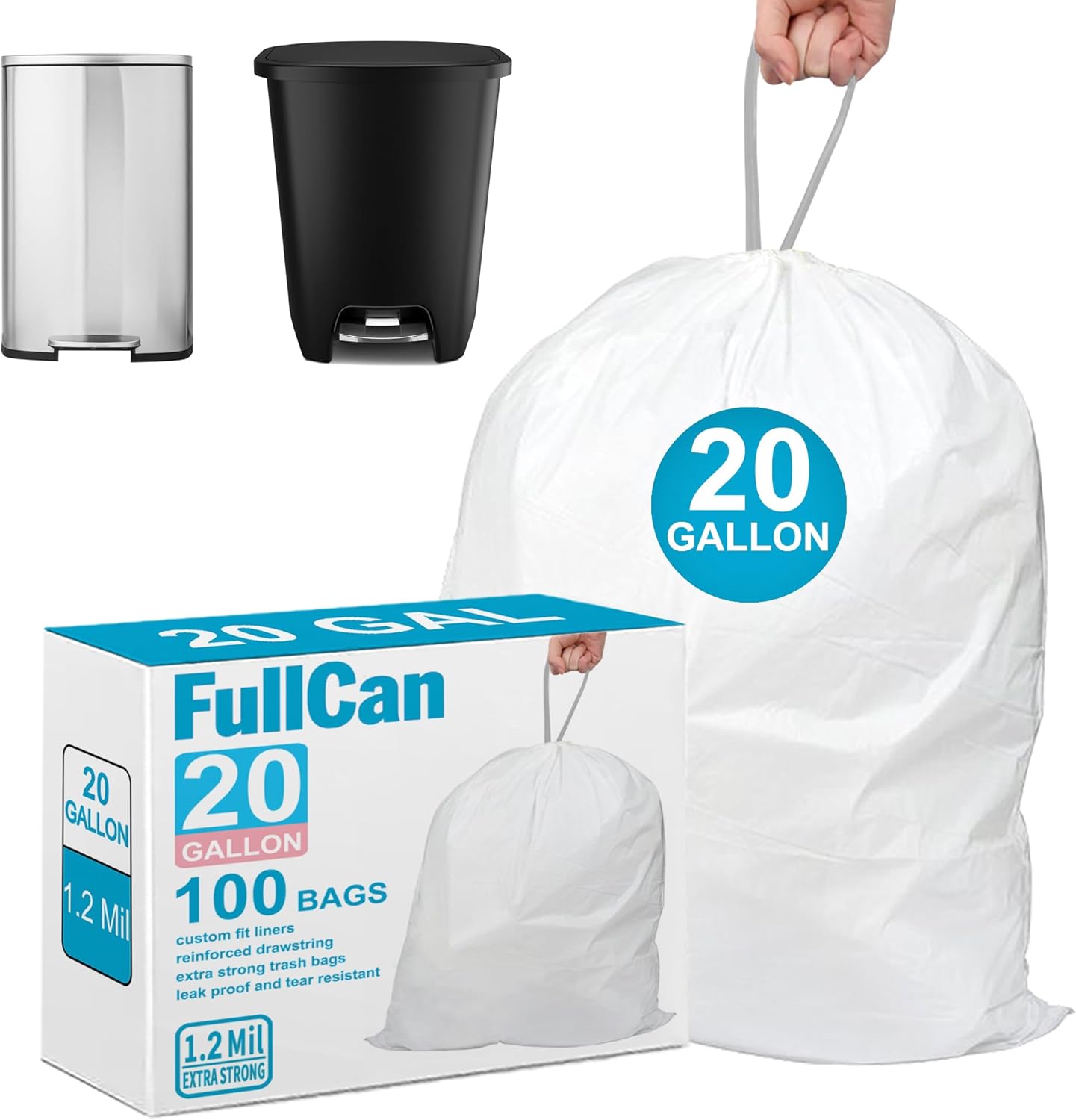 15 Gallon 100 Count Drawstring Trash Bags 1.2 MIL Heavy Duty Perfect Fit White Garbage Can Liners 13-15 Gallon White Drawstring Garbage Liners PERFECT FIT & GRAND SAVE!