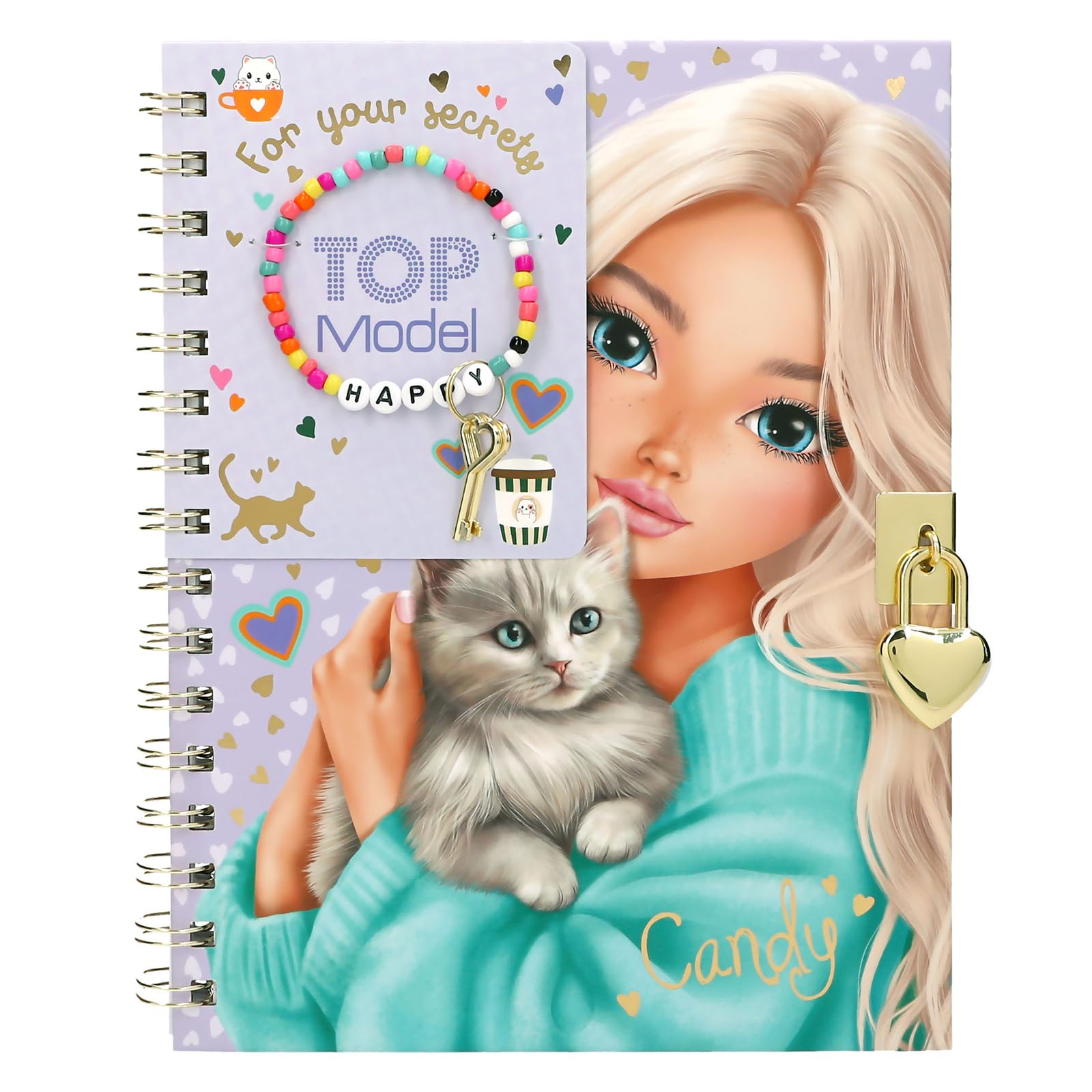 Depesche TOPModel 14292 Diary with Heart Lock and Bracelet with Key, Purple Book with Model Motif, Heart Pattern and Lined Pages