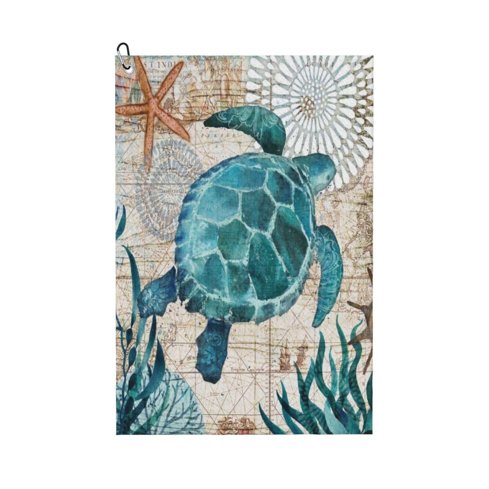 AOOEDM Watercolor Sea Turtle Print Golf Towel with Carabiner Clip Absorbent Microfiber Golf Towel for Cleaning Golf Ball Club Putter Iron for Golf Bag Trolly Belt Loop 16" X 24"