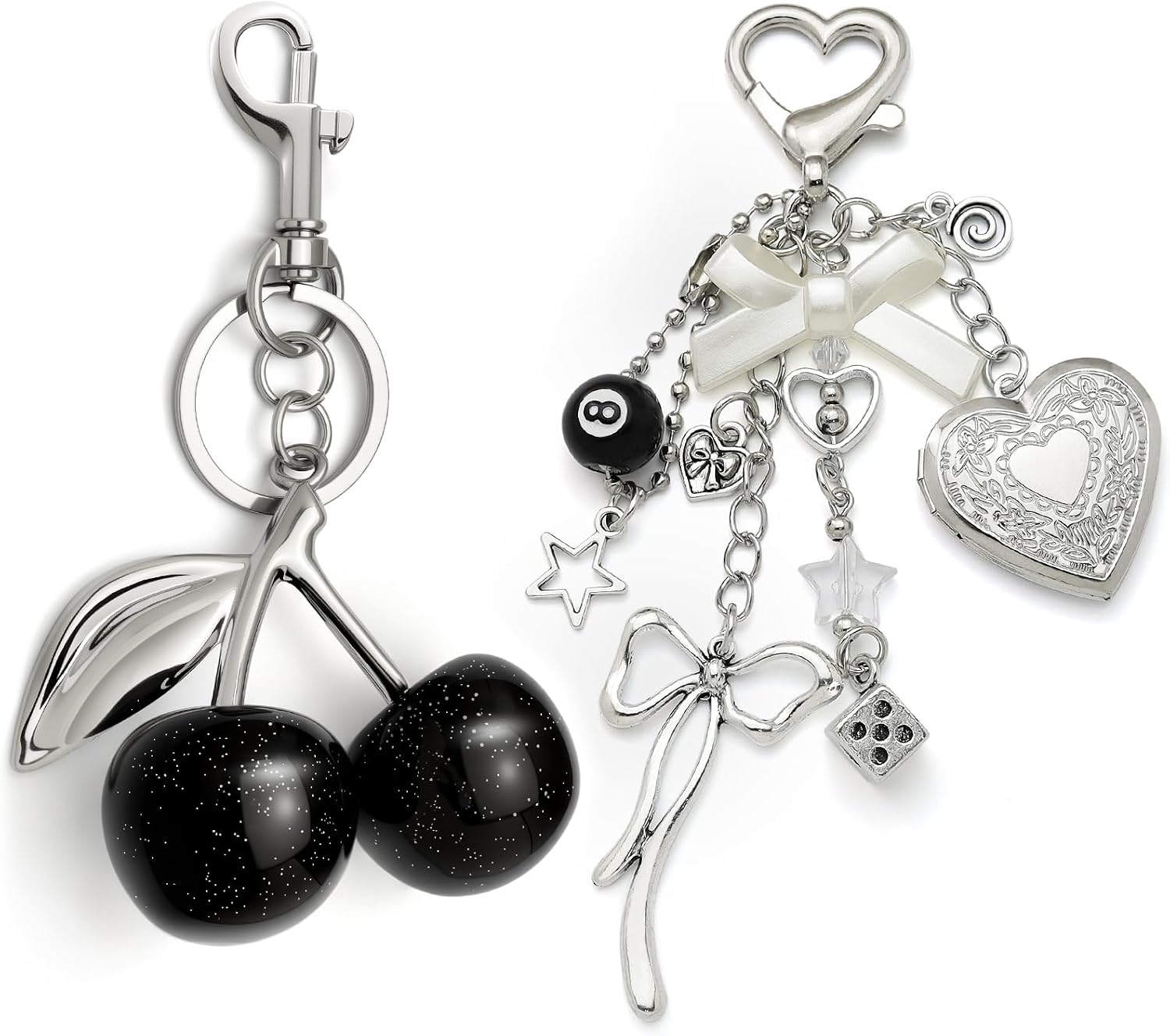 Fscwlmon 2PCS Y2K 8 Ball Dice Star Keychain Set Cherry Heart Photo Bag Purse Charms for Handbags Gothic Keychain Accessories