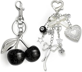Fscwlmon 2PCS Y2K 8 Ball Dice Star Keychain Set Cherry Heart Photo Bag Purse Charms for Handbags Gothic Keychain Accessories