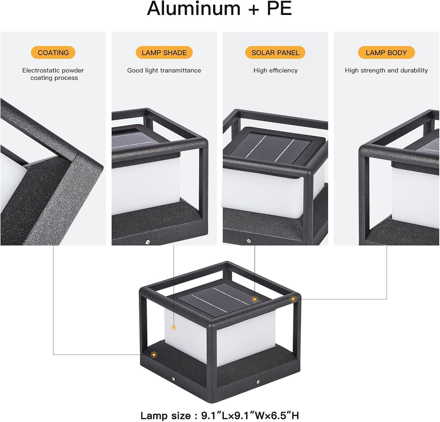 solar post light outdoor, 9.1" modern pillar lamp waterproof, aluminum column led lantern fence deck cap lights dusk to dawn, 3000k landscape lighting for patio driveway pathway garden entrance