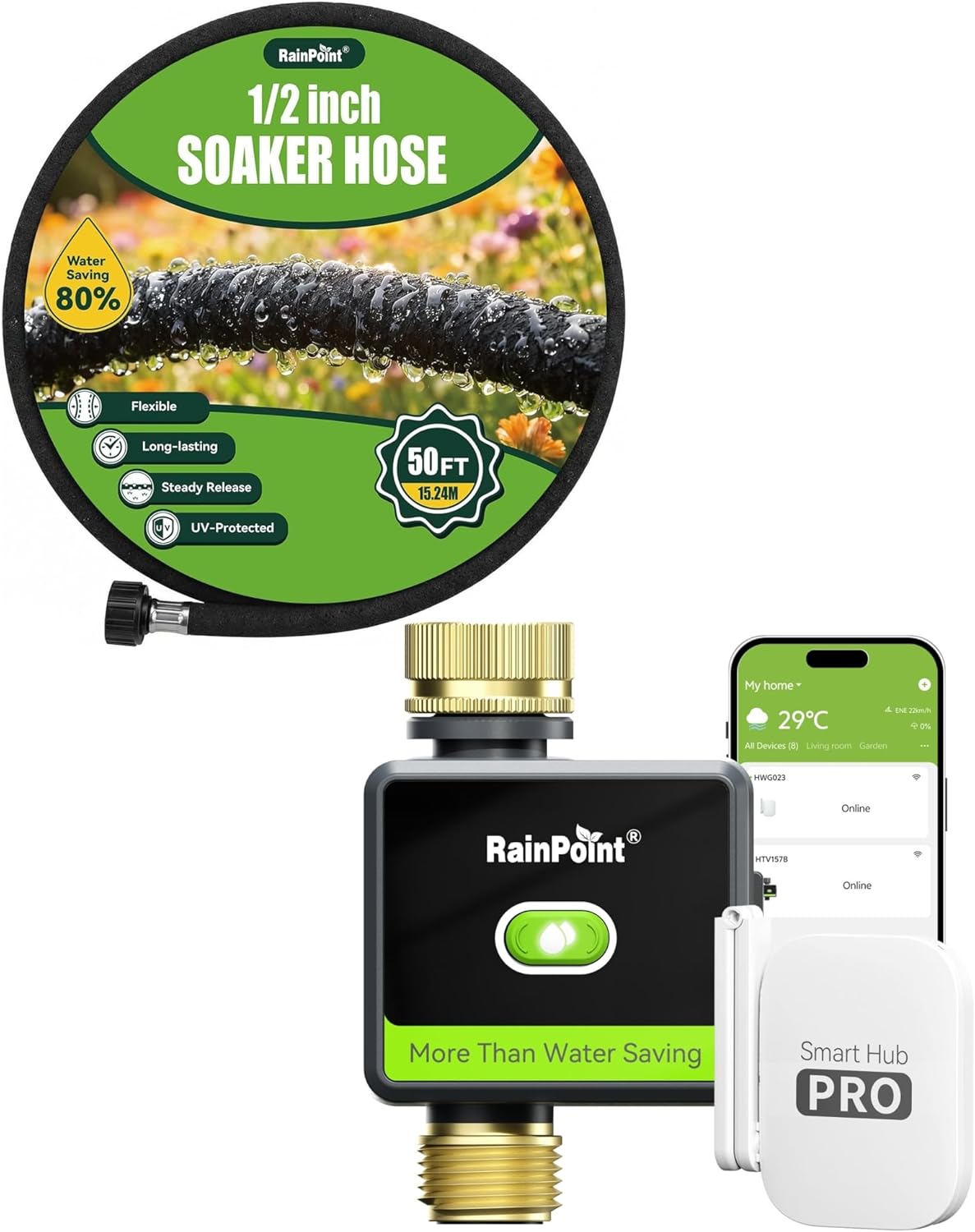 RainPoint 1/2" Soaker Hose 50FT&WiFi Hose Timer, Smart Irrigation System Combo Auto Watering with 80% Water Saving