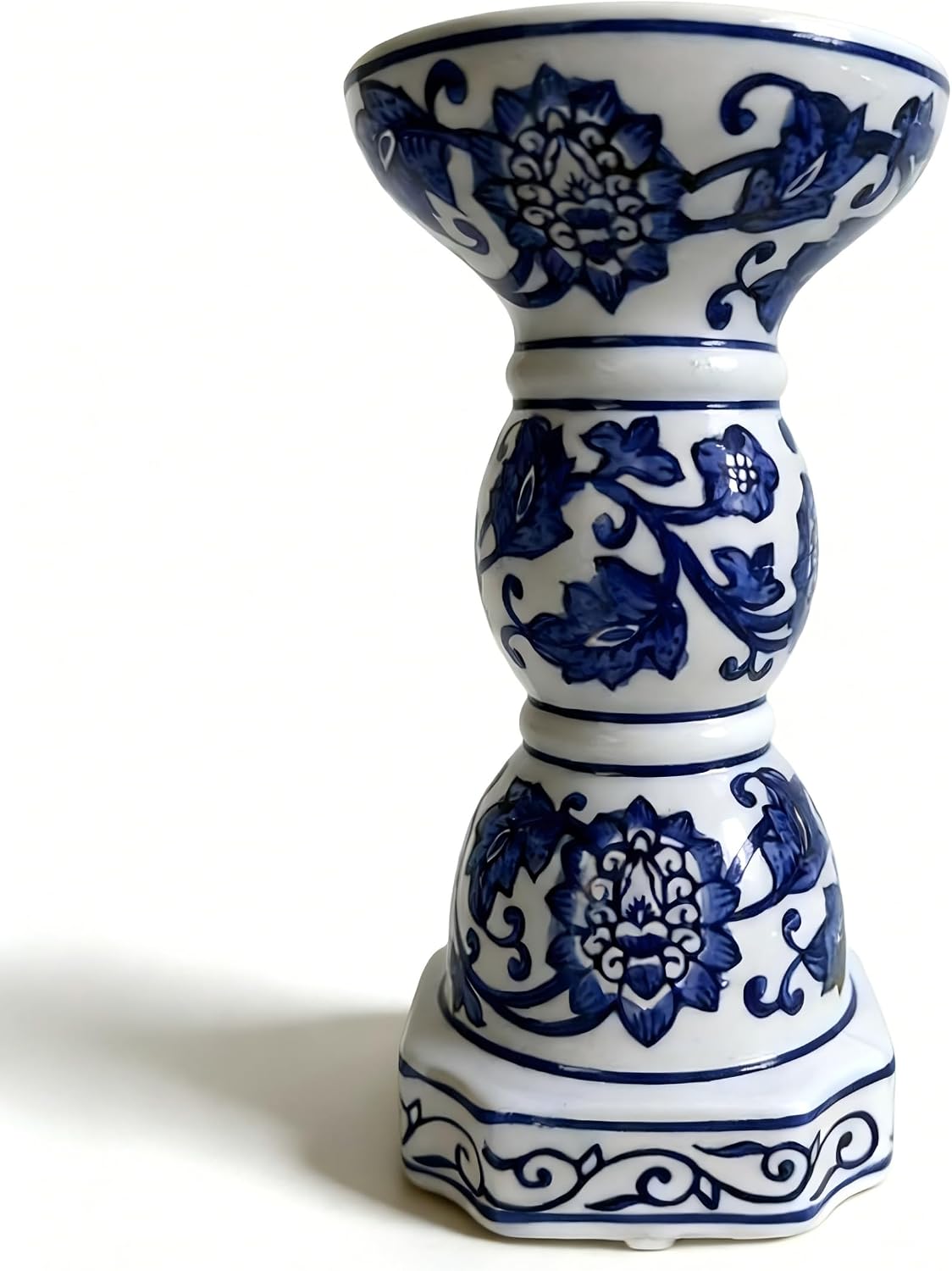 Blue and White Ceramic Candle Holder Riser, Glazed Porcelain Pedestal Stand for Home Decor, Floral Oriental Style Display Base for Pillar Candle, Plant or Tabletop Accents
