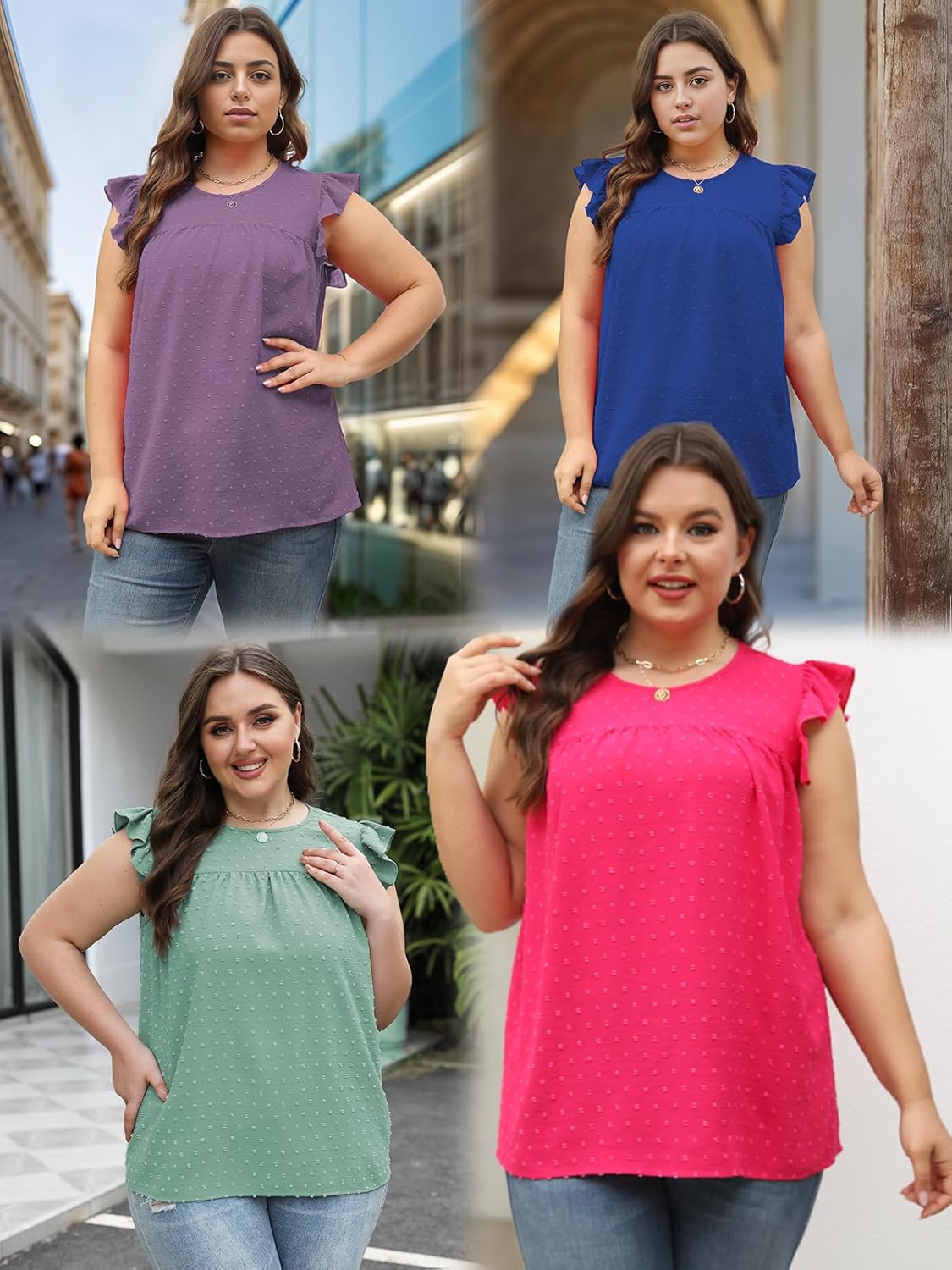 VISLILY Womens-Plus-Size-Summer-Tank-Tops Ruffle Cap Sleeveless T Shirts Crewneck Swiss Dot Blouses Pleated Casual Tee - Image 5