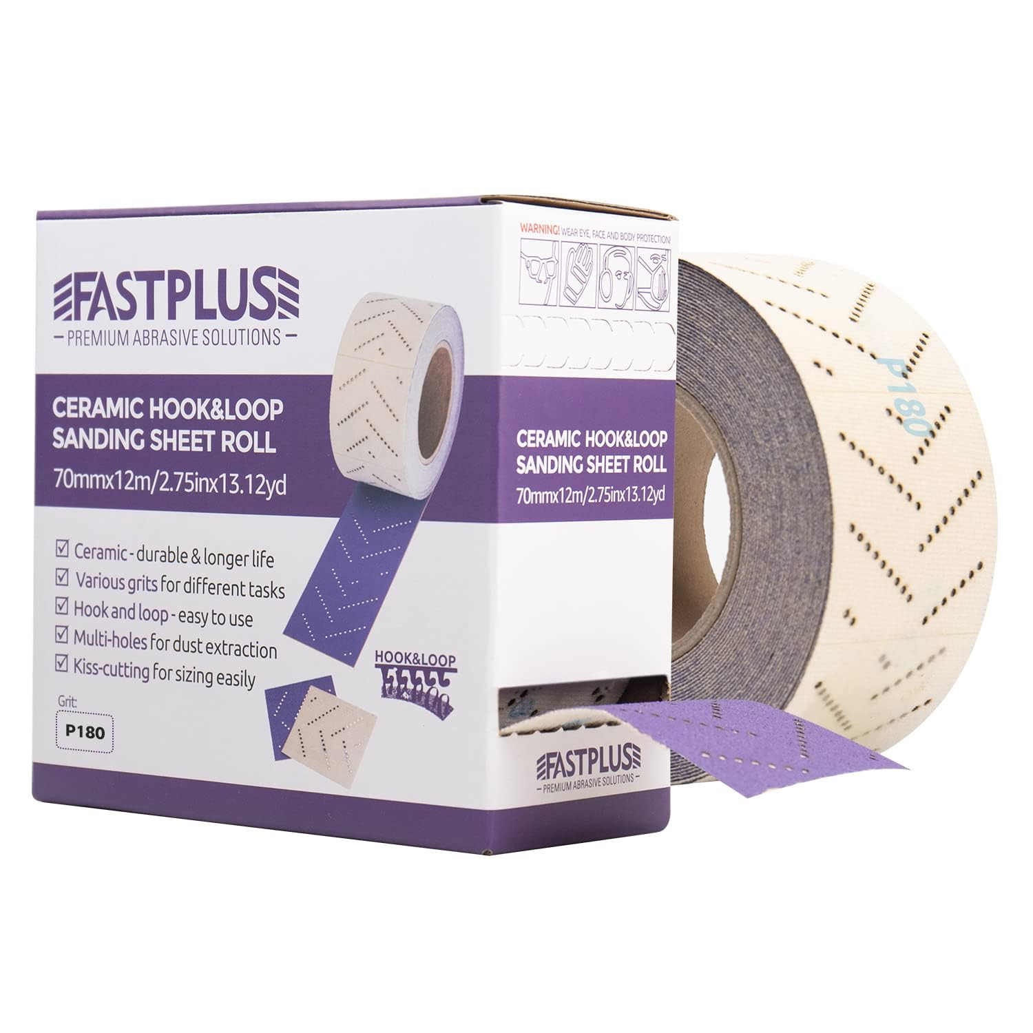 Rouleau de Papier de Verre Céramique Violet 70 mm x 12 m Rouleau de Ponçage Automobile Multi-trous Pour Enlever les Revêtements, Ponçage Automobile, Grain 180