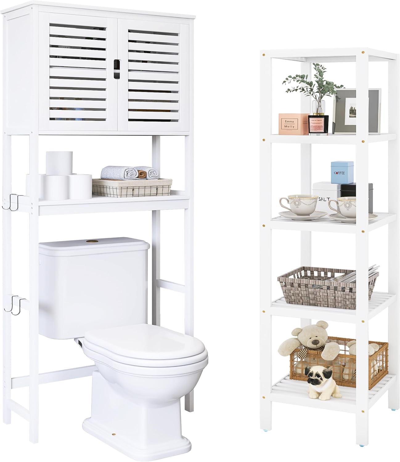 SMIBUY Bathroom Over The Toilet Storage Cabinet and Bathroom Storage Shelf, 2 Door Bamboo Cabinet Organizer and 5-Tier Bamboo Rack Organizer (White)