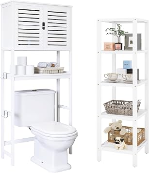 SMIBUY Bathroom Over The Toilet Storage Cabinet and Bathroom Storage Shelf, 2 Door Bamboo Cabinet Organizer and 5-Tier Bamboo Rack Organizer White
