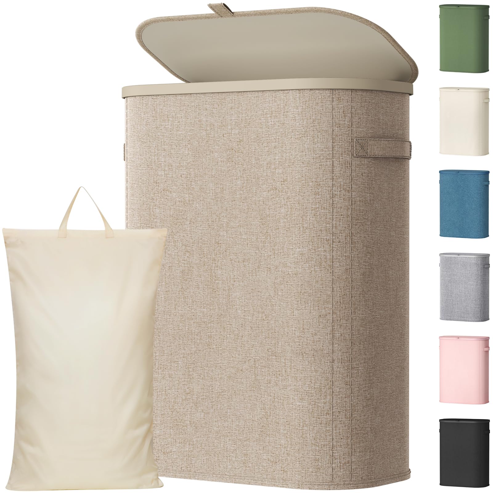 Lifewit 55L Laundry Basket with Lid, Slim Washing Basket with Handles and Bag, Large Foldable Dirty Clothes Organiser with Plastic Frame for Laundry Room, Bedroom, Bathroom, Beige