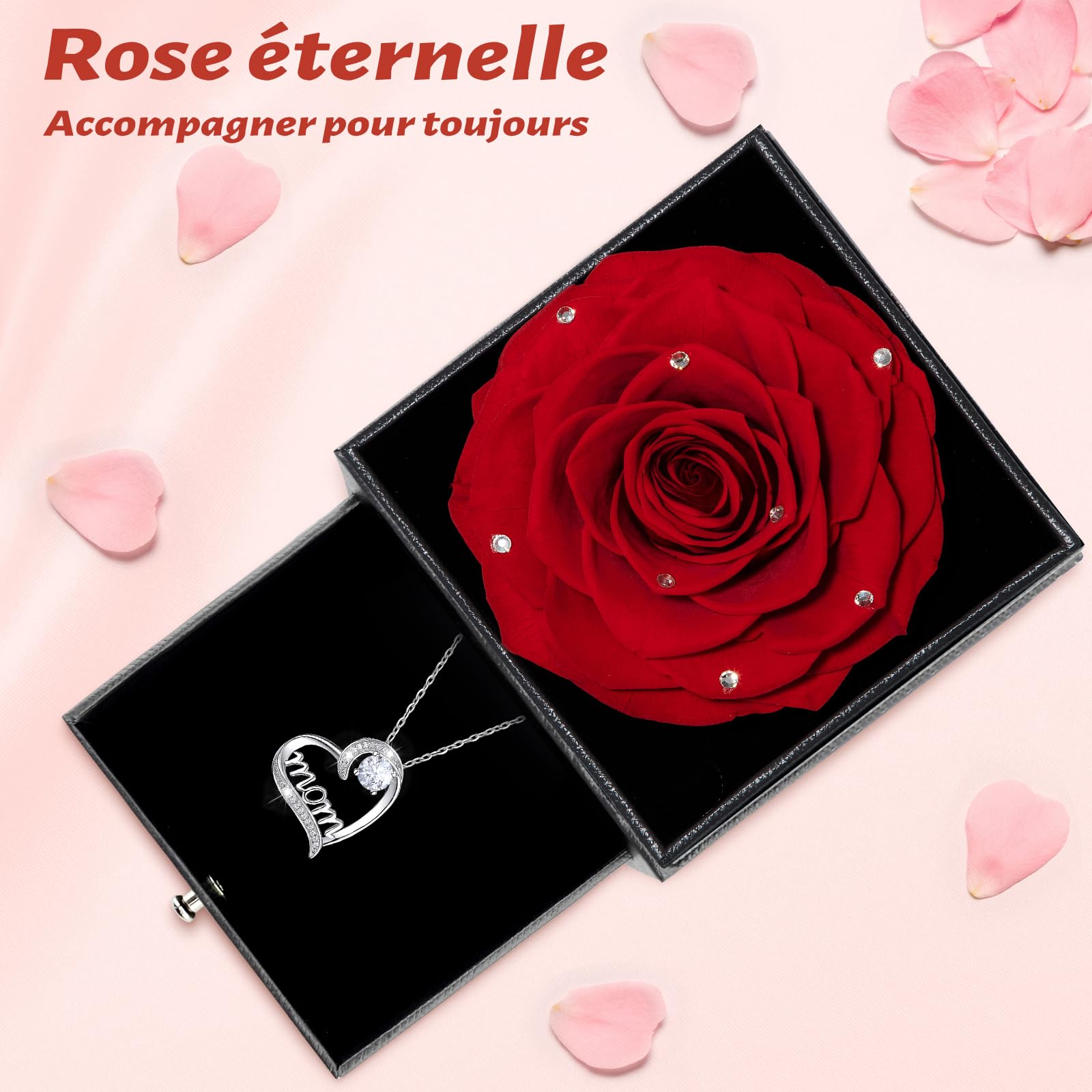 Sunia Cadeau Maman, Rose Eternelle avec Bijoux Argent 925 Collier, Collier Anniversaire Femme, Meilleure Maman du Monde, Coffret Rose Eternelle, Fleur Préservée Cadeau Fete des Meres Noel, Varie Rose