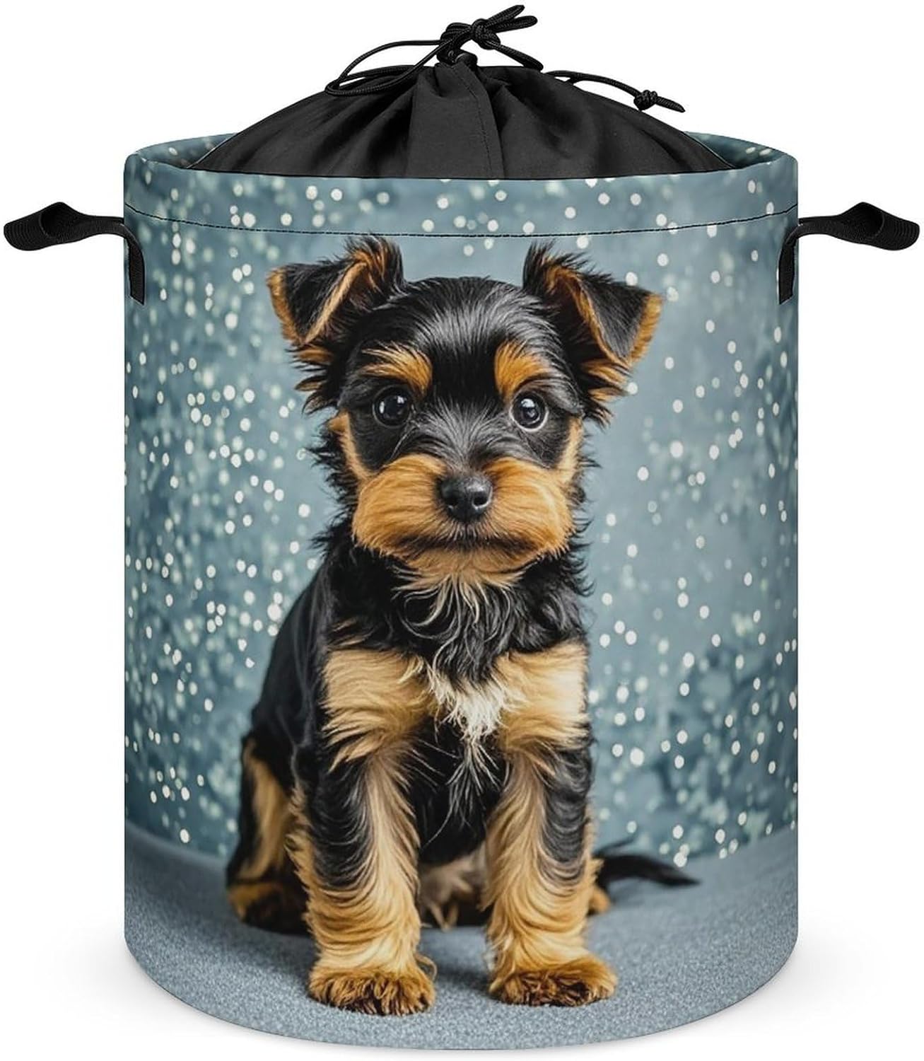 Black Yorkie Puppy Laundry Bag Large Collapsible Laundry Baskets Freestanding Waterproof Clothes Hamper with Handles & Drawstring for Laundry Room Bedroom Bathroom