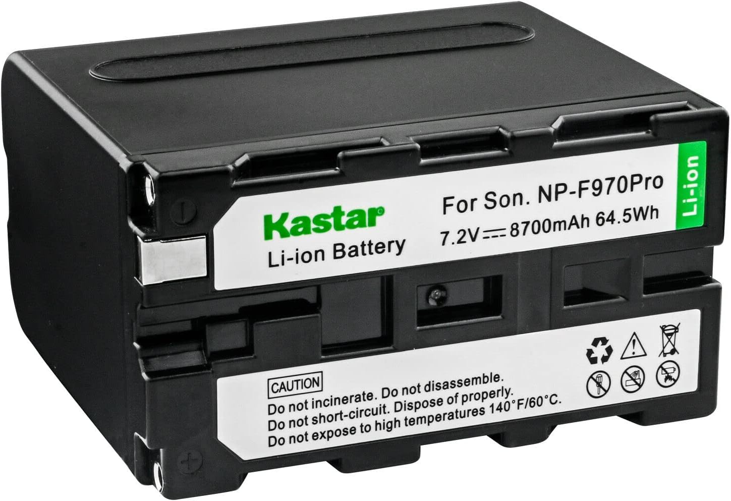 Close-up of a Kastar NP-F970 PRO battery, showing the label with specifications and safety warnings.