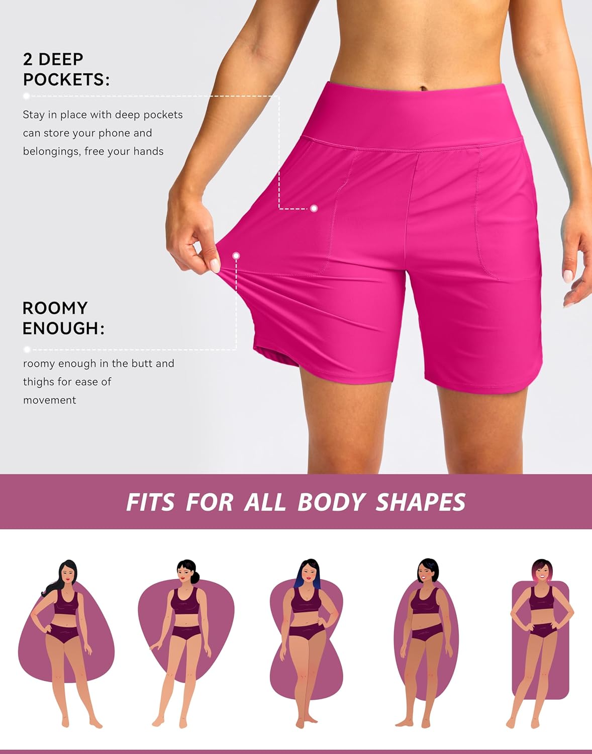 Viodia Women's 9" Long Swim Board Shorts with Pockets High Waisted Beach Swimsuits Knee Length Short for Women with Liner