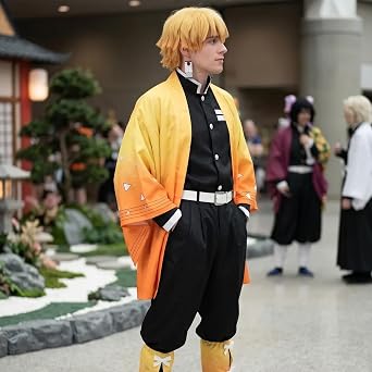 Agatsuma Zenitsu Cosplay Kimono Outfits, 8pcs Demon Slayer Zenitsu Cosplay Anime Clothes for Kids Halloween Costume Cloak for Women