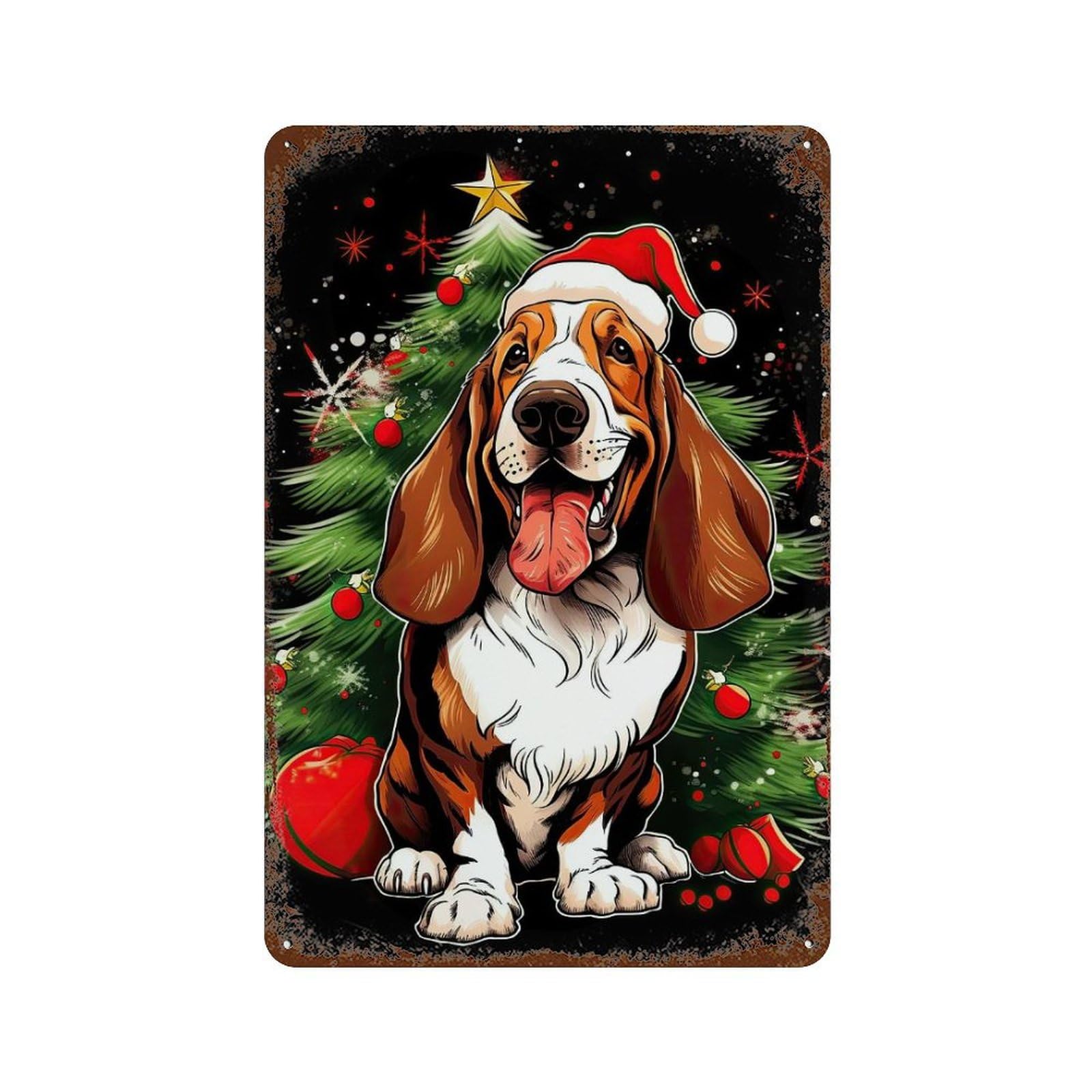 Decorative Tin Sign with Basset Hound Christmas Design 11.8"x7.9", for Garage, Bar And Workshop Decor, Decorative Metal Wall Art