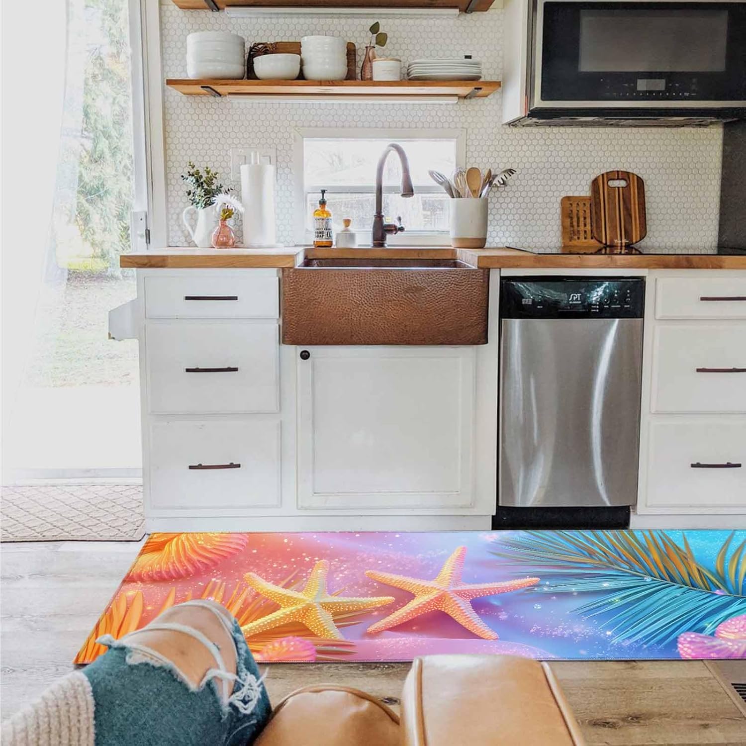 2 Pieces Kitchen Rugs and Mats,Beach Colorful Starfish Shell Leaf Area Runner Rug Set Non Slip Floor Doormat Washable Carpet Standing Mat for Kitchen Sink Indoor Corridor,Summer Abstract Ocean