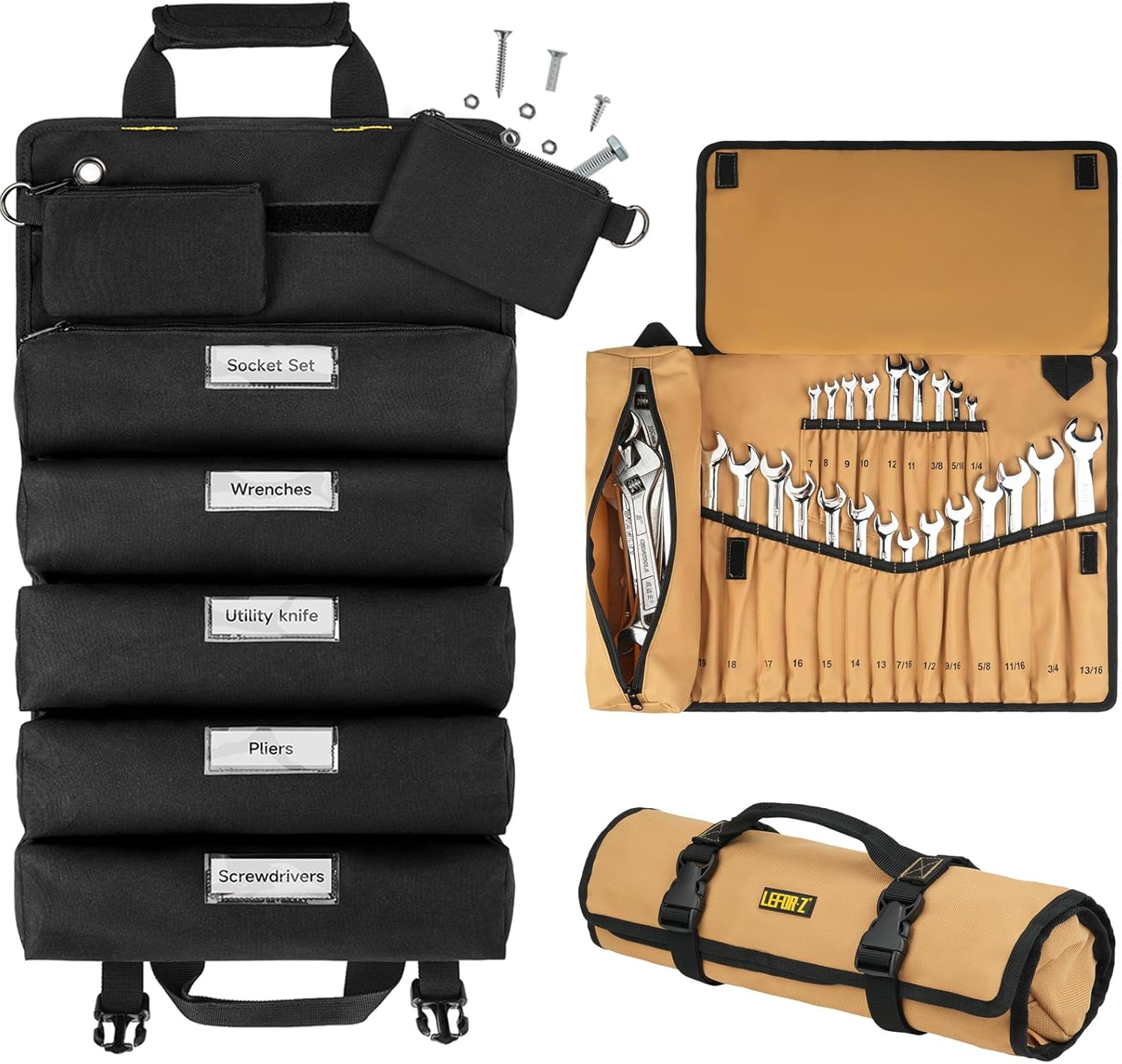 2 in 1 Large Roll Up Tool Bag+Wrench Roll Organizer with 23+1 Pockets for Metric & SAE Wrenches,Heavy Duty Tool Roll Storage Pouch for Men,Gifts for Dad,Electrician,Carpenter,Construction
