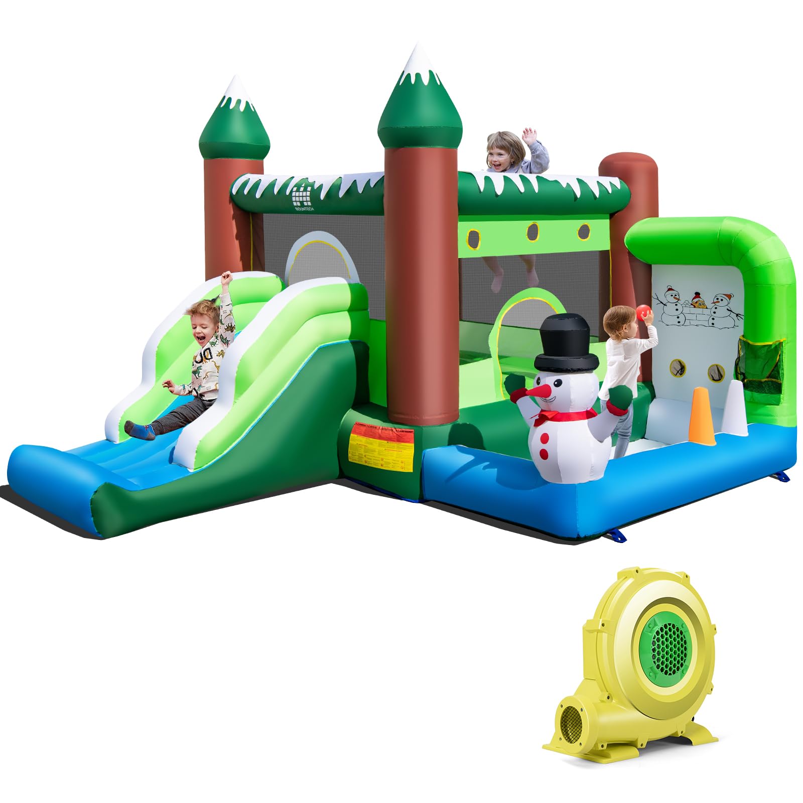 COSTWAY Castillo Hinchable para Niños 3-10 años, Castillo Hinchable Grande Temático de Muñeco de Nieve, 380x 340 x 245 cm, Castillo Hinchable con Tobogán Interior y Exterior, Solpador de 735w