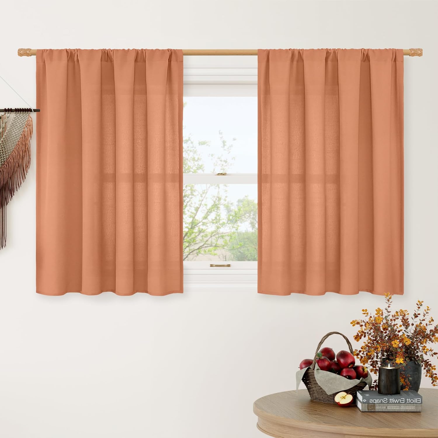 LAMIT Cafe Linen Curtains 36 Inch Length for Small Windows, Rod Pocket Light Filtering Drapes Boho Privacy Window Panels for Kitchen/Bathroom, 2 Panels, 42 x 36 Inch, Terracotta