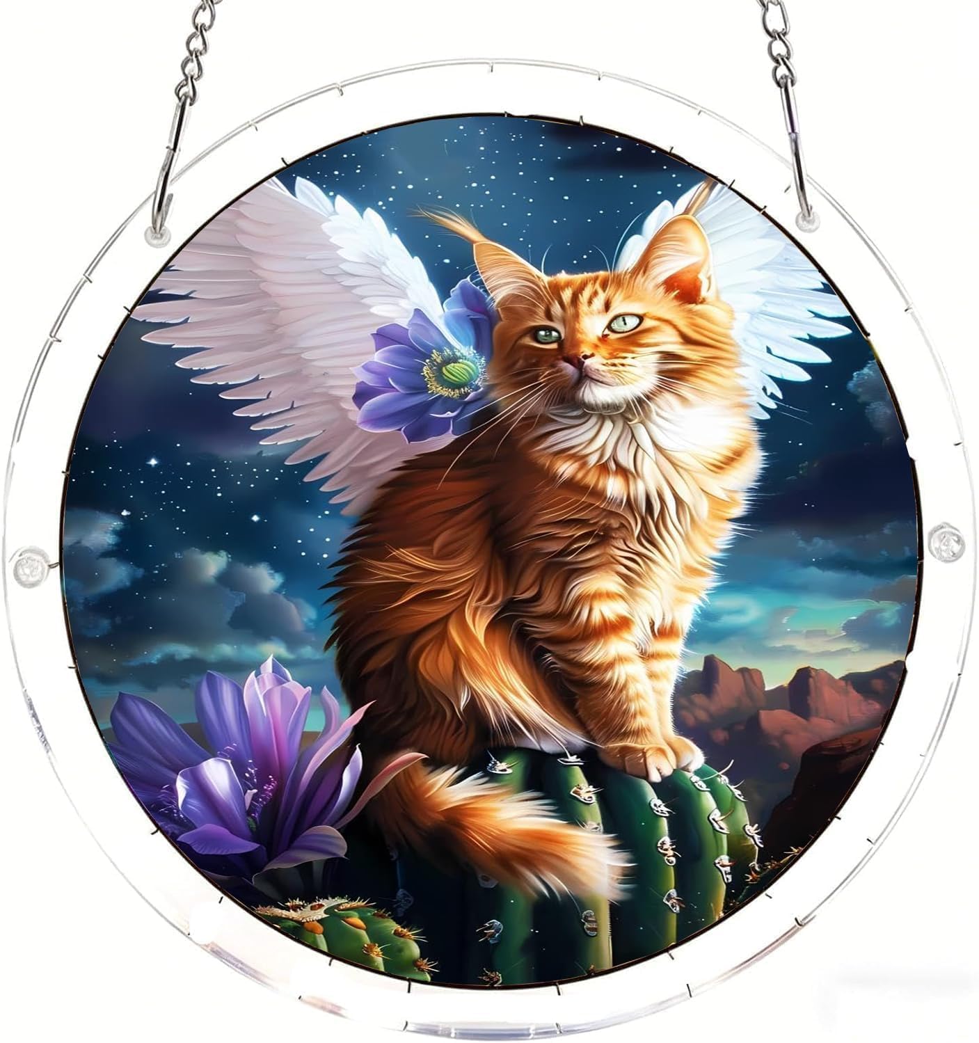 The Angel Cat Sitting on a Cactus Acrylic Jigsaw Puzzles Suncatcher, 8.9 Inch Window Hanging Suncatcher Acrylic Puzzle, DIY Home Decor Art Gift