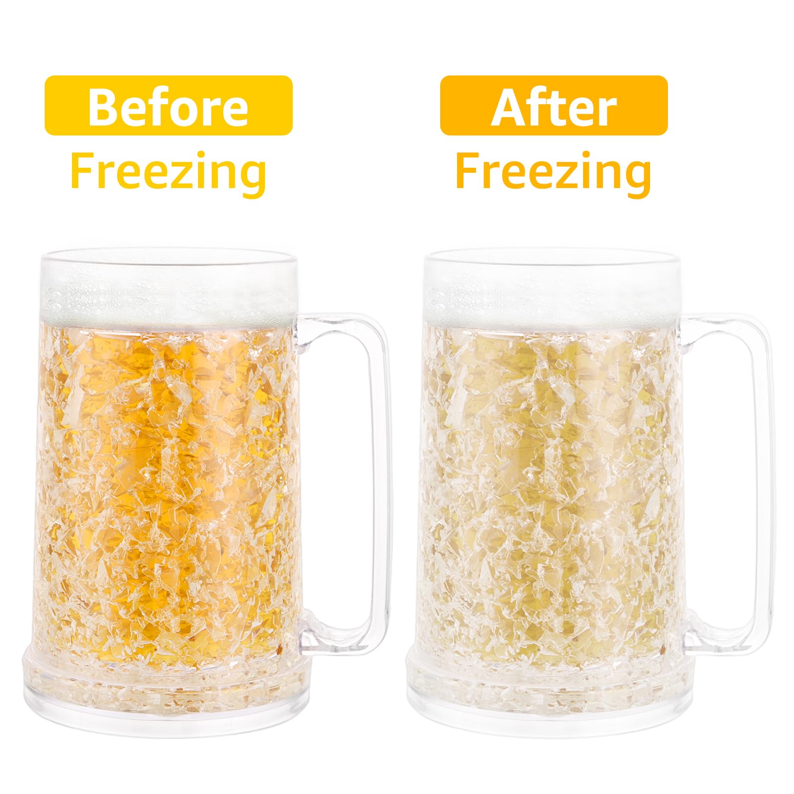 Juego de 4 Vasos Cerveza con Efecto Hielo, Jarra para Congelar de 450ml con Diseño de Doble Capa Jarra Cerveza Para bebidas, cerveza, envases de bebidas frías