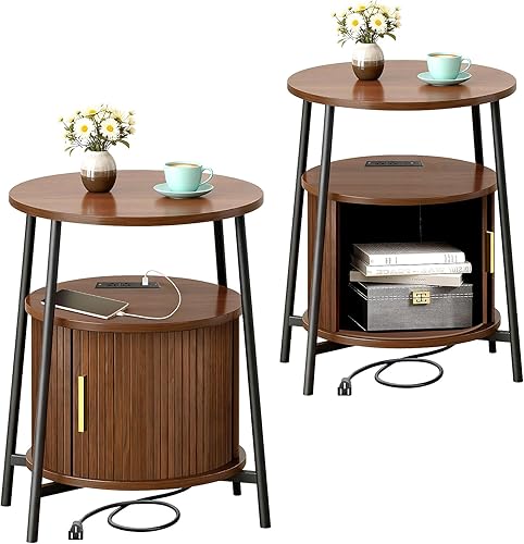 Miniatura 13 de Mesas auxiliares con almacenamiento, mesita de noche acanalada con estación de carga, pequeñas mesas de noche modernas de mediados de siglo, mesa