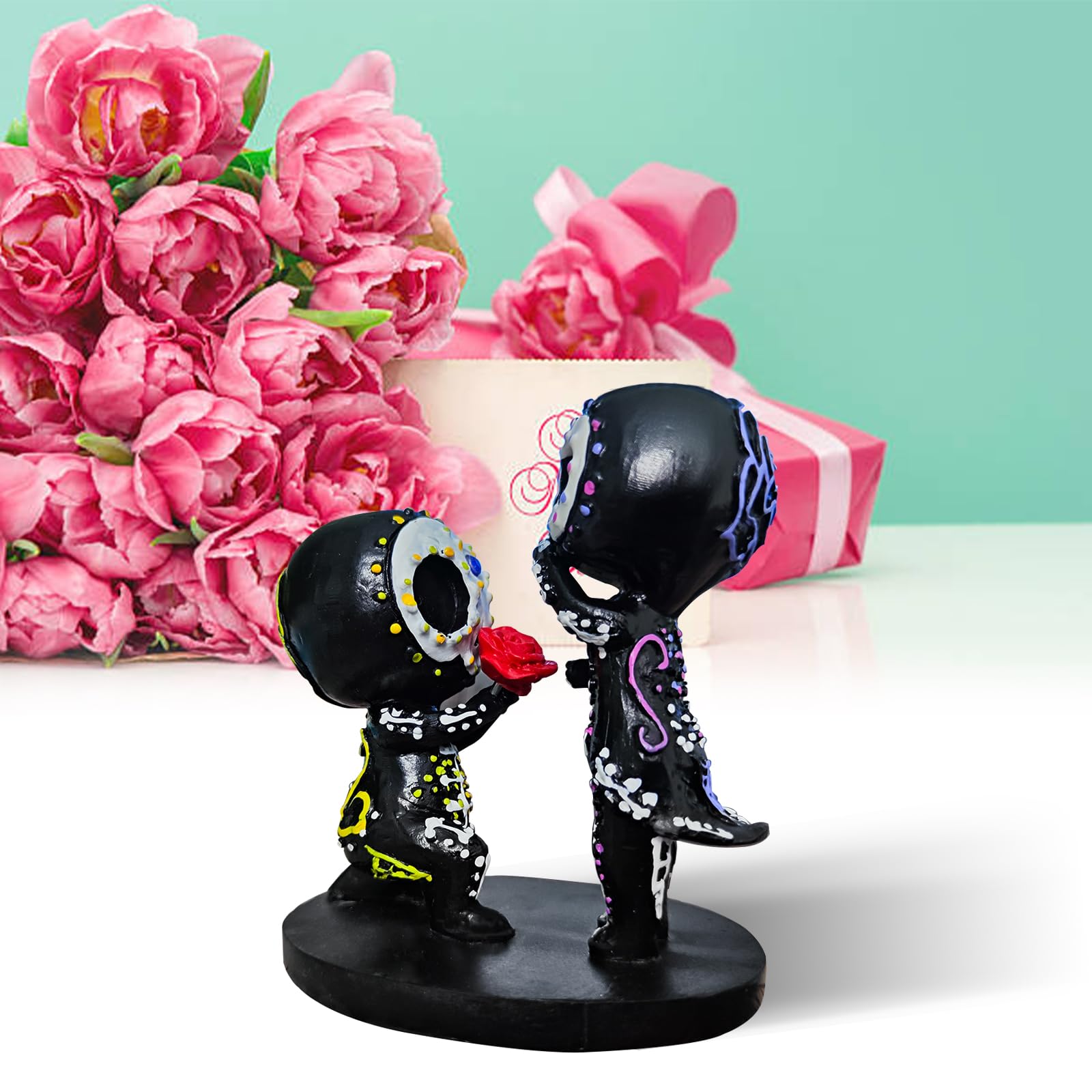 Sugar Skull Decor, Sugar Skull Couple Statue,Dia De Los Muertos Decor, Halloween Desk Decor,Day of The Dead Decorations for Home,Sugar Skull Figurine Gift for Women (B)