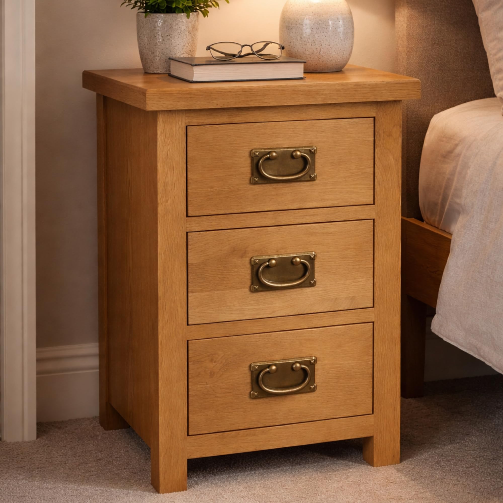 Home Furniture Group Ltd Oakcroft Narrow Bedside Table โ Rustic 3 Drawer Solid Wood Cabinet โ Fully Assembled Bedroom Unit โ 38cm Wide