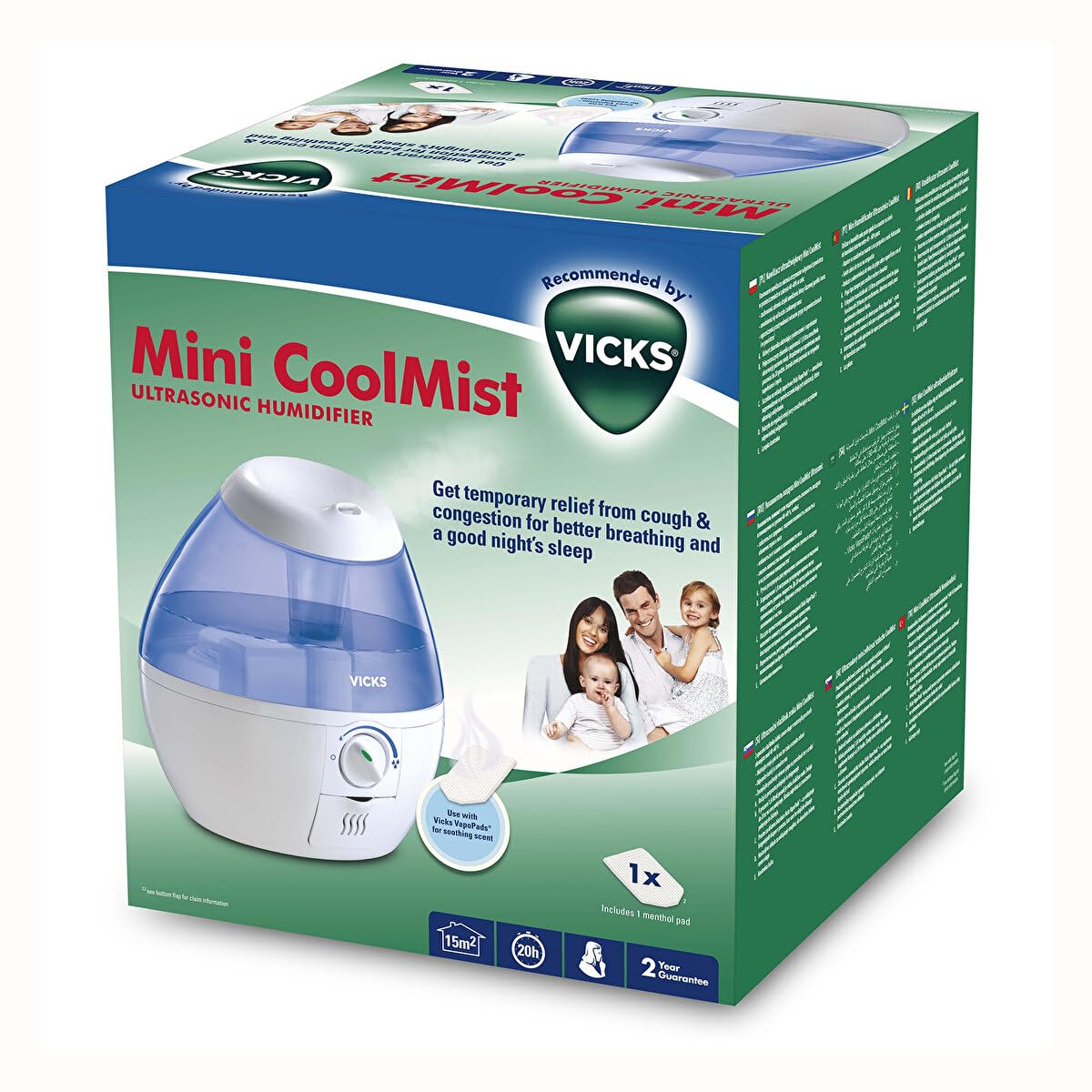 Vicks Mini Cool Mist Humidificador ultrasónico, Control de vapor ajustable, Tanque de 1.8 l, Uso doméstico en dormitorios y oficinas, Habitaciones de hasta 15 m², 2 VapoPads incluídos, VUL525
