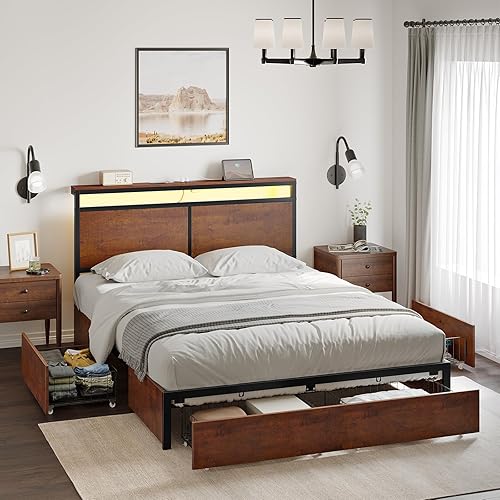 HAUSOURCE Bastidor de cama Queen con 4 cajones de almacenamiento, base de cama con plataforma metálica tamaño Queen con cabecera, estación de carga,