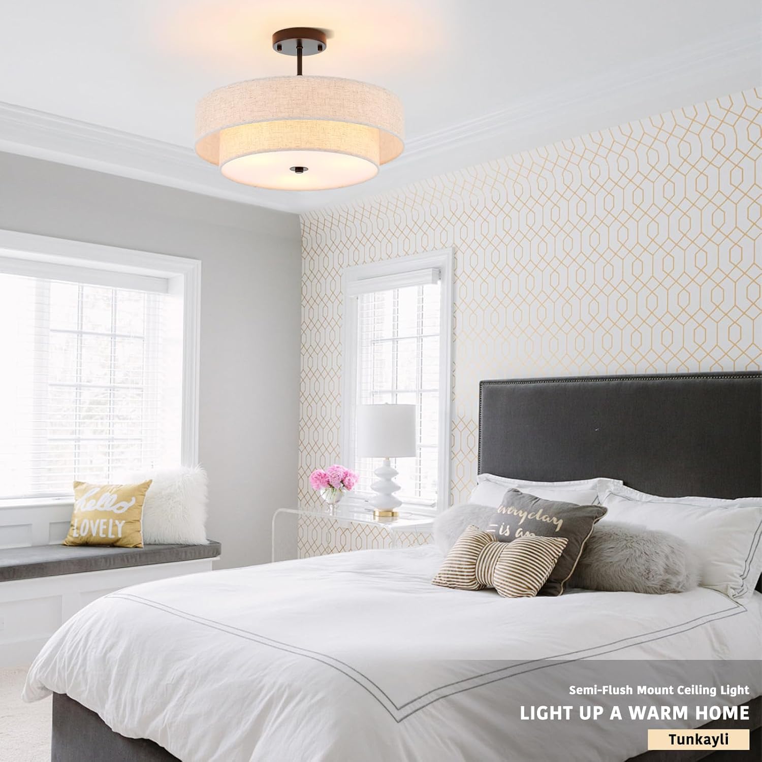 Semi Flush Mount Ceiling Light, 18" Black Drum Ceiling Light Fixture, 3-Light with 2-Tier Beige Linen Fabric Shade, Modern Farmhouse Close to Ceiling Light for Bedroom, Kitchen, Entryway