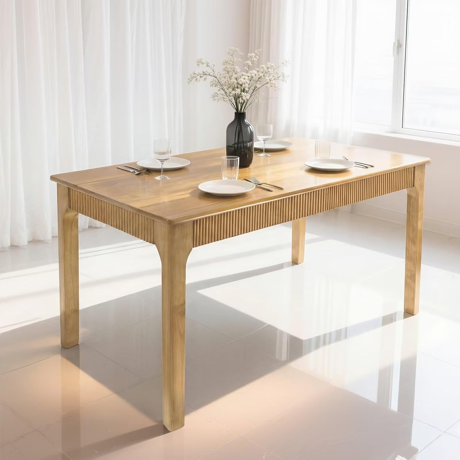 31.5" Solid Wood Dining Room Table for 2,Modern Farmhouse Rectangular Kitchen Real Wooden Table,Mid Century Fluted Design Furniture Desk for Home,Small Space,Apartment,Living Room Nature