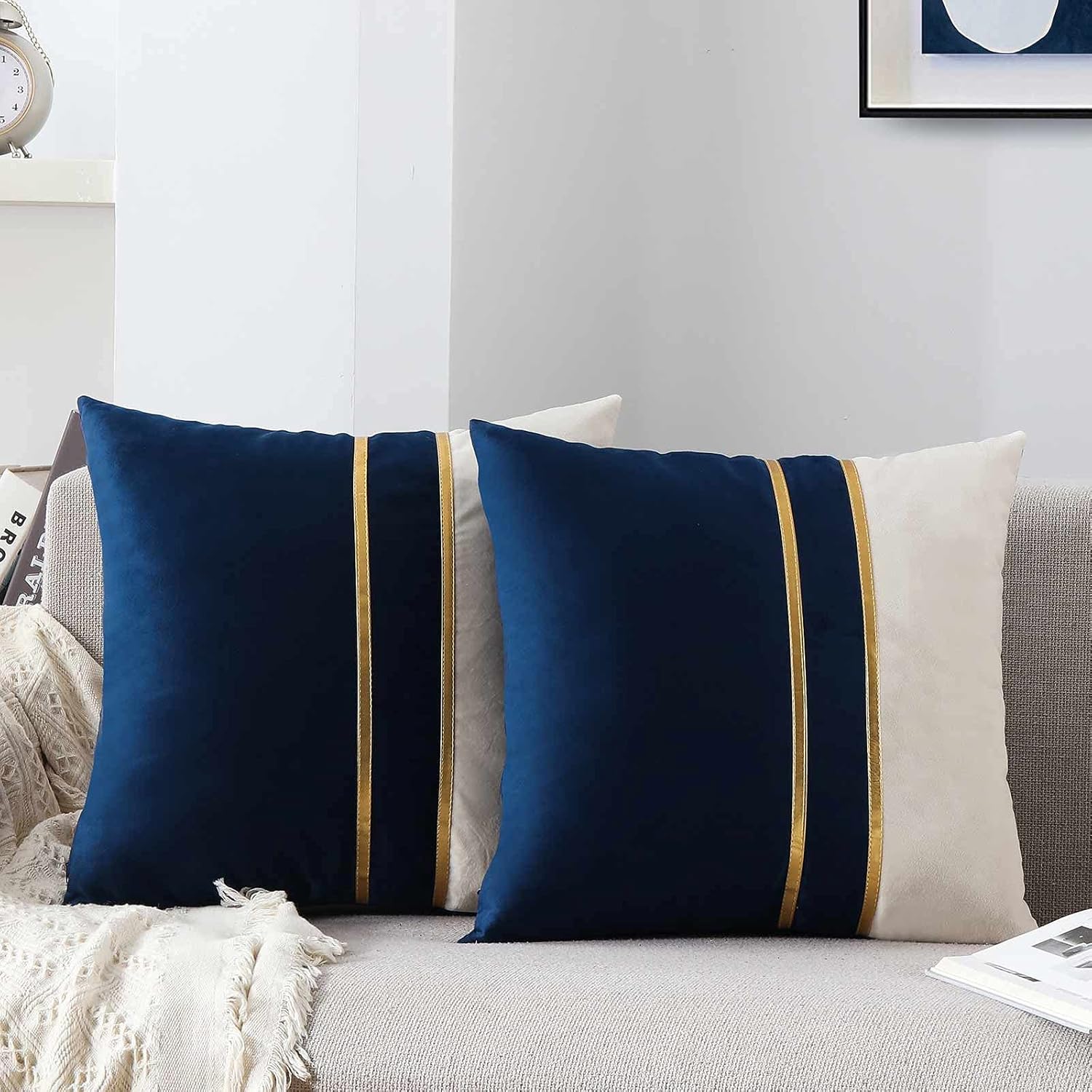 WACOMECO Velvet Throw Pillow Covers - Pack of 2 Soft Decorative Cushion Covers Cases with Gold Leather for Sofa Bedroom Livingroom Car, 20 x 20 in, Navy and White